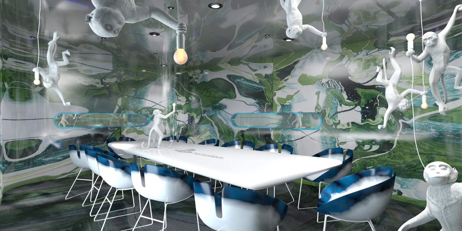 Innovative design of a vibrant meeting room featuring playful monkey sculptures and fluid art, showcasing PENSON's creative approach.