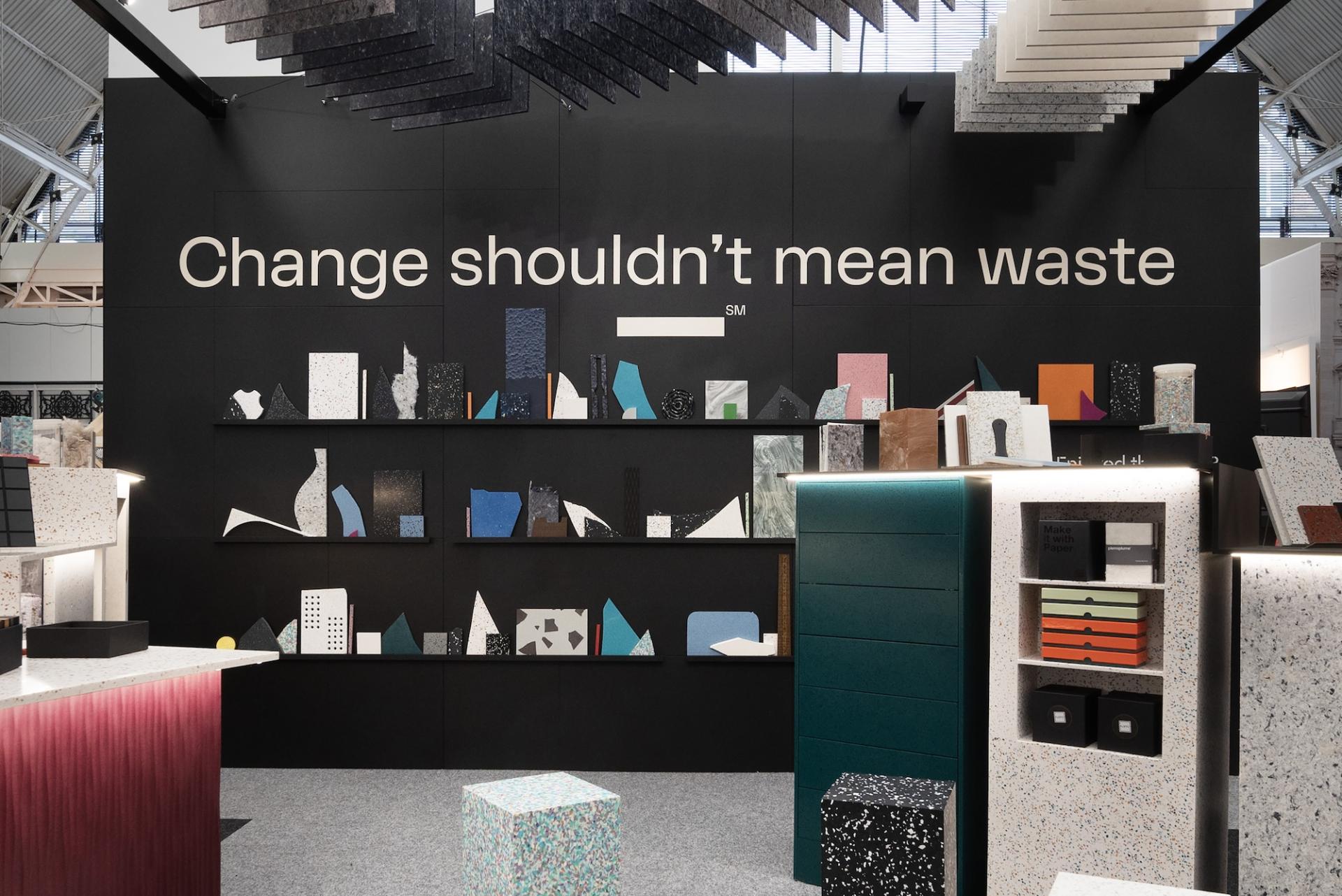 Vibrant display of circular materials at Surface Matter, highlighting sustainable design with various textures and colors.