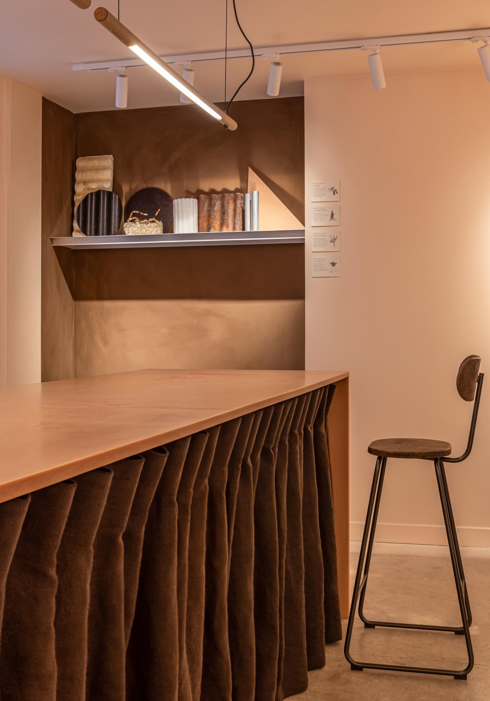 Stylish interiors featuring sustainable materials, highlighting a zero-waste ethos for eyewear design at MONC.