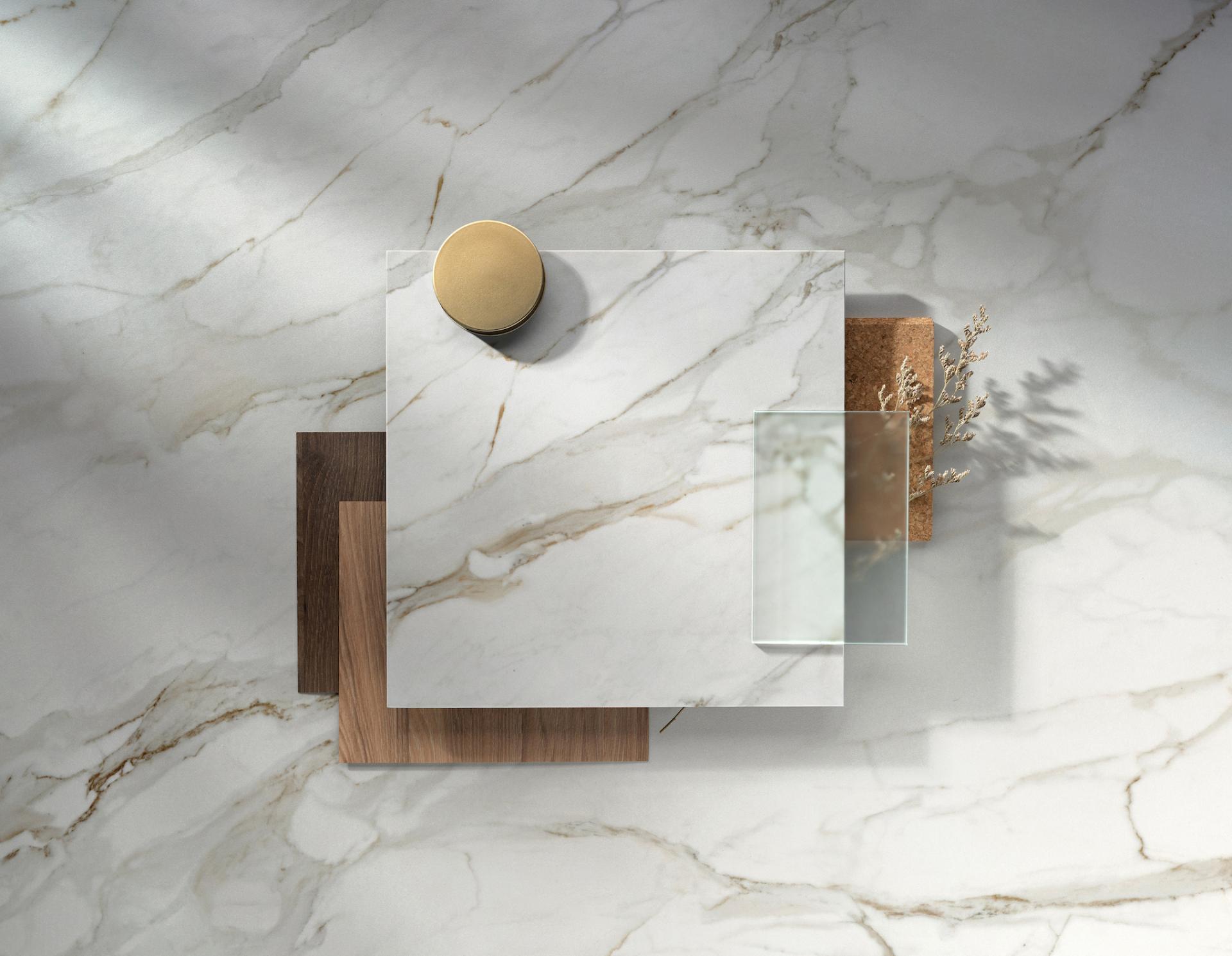 Dekton® Onirika and Kraftizen surfaces showcase elegant textures and colors, enhancing modern interior design aesthetics.