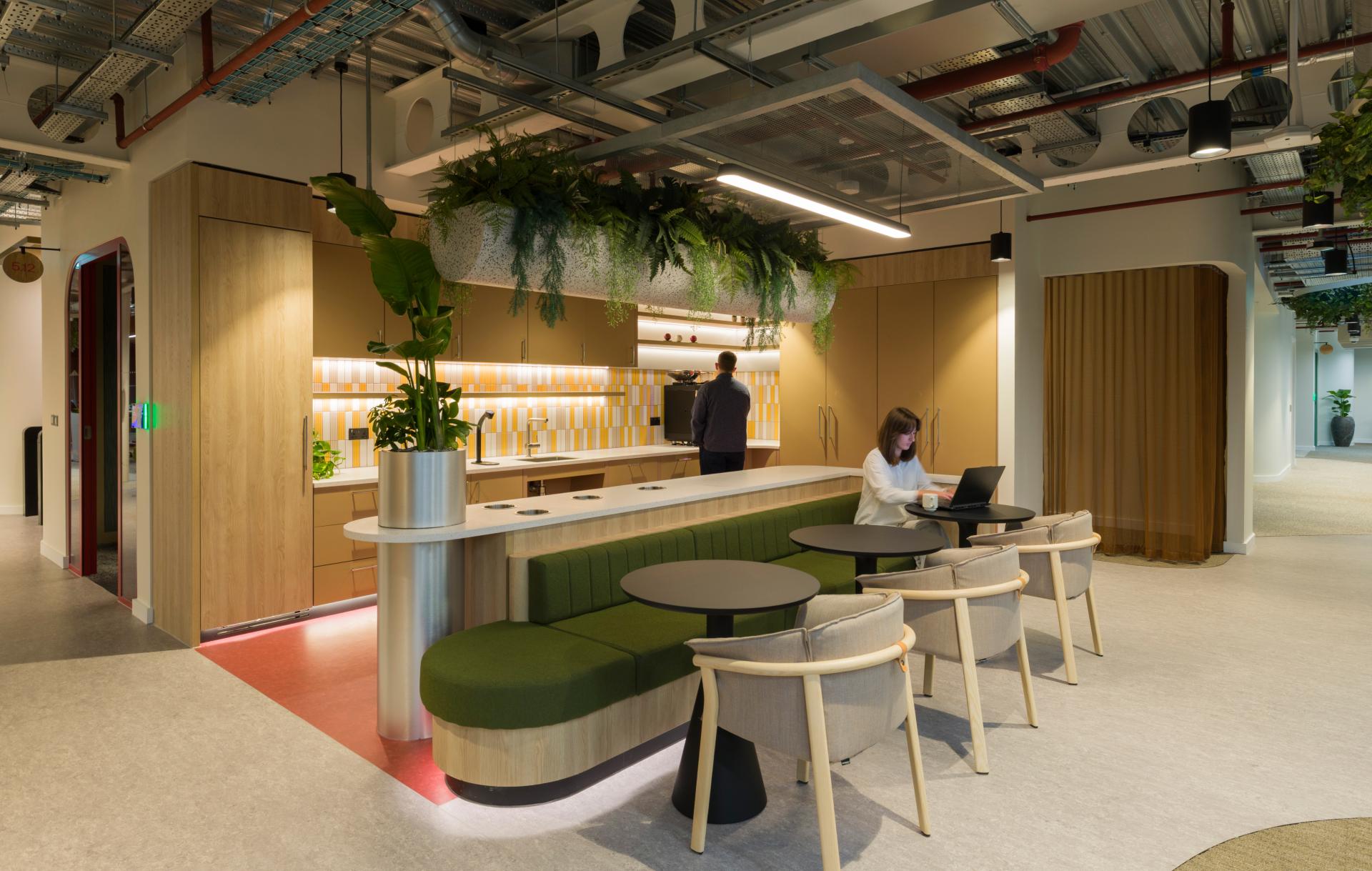 SpaceInvader's workplace scheme for Virgin Media O2 balances vibrancy with variety to support congregation and calm.