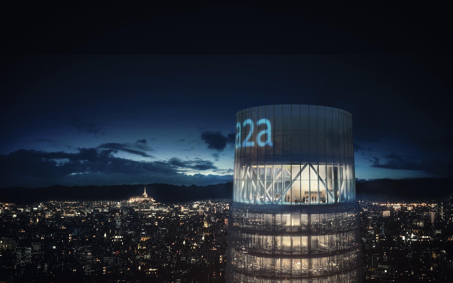 Night view of ACPV's iconic office tower, showcasing innovative design and urban regeneration in the local area.