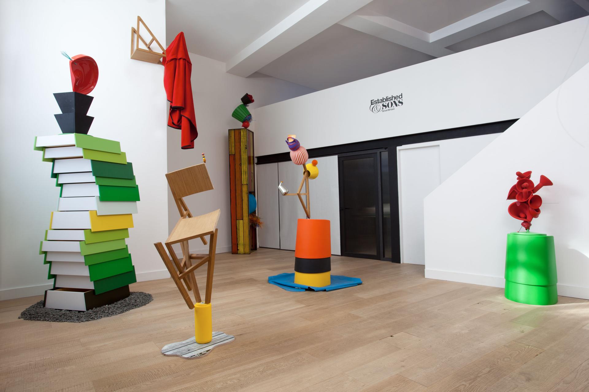 Colorful sculptures by Lorenzo Vitturi displayed in a minimalist gallery, showcasing artistic design for Established & Sons.