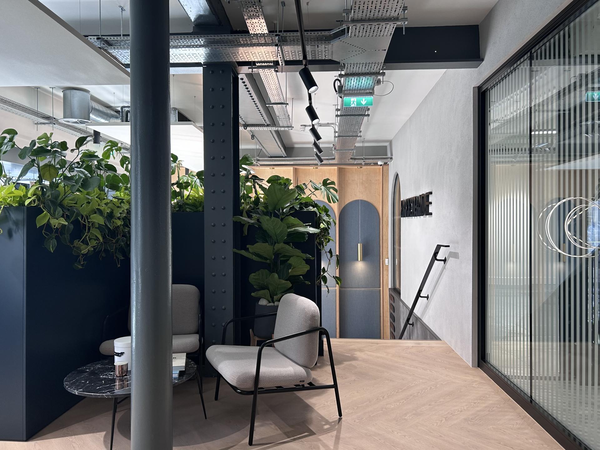 Modern office interior featuring a cozy seating area with plants, emphasizing workplace culture and sustainable design.