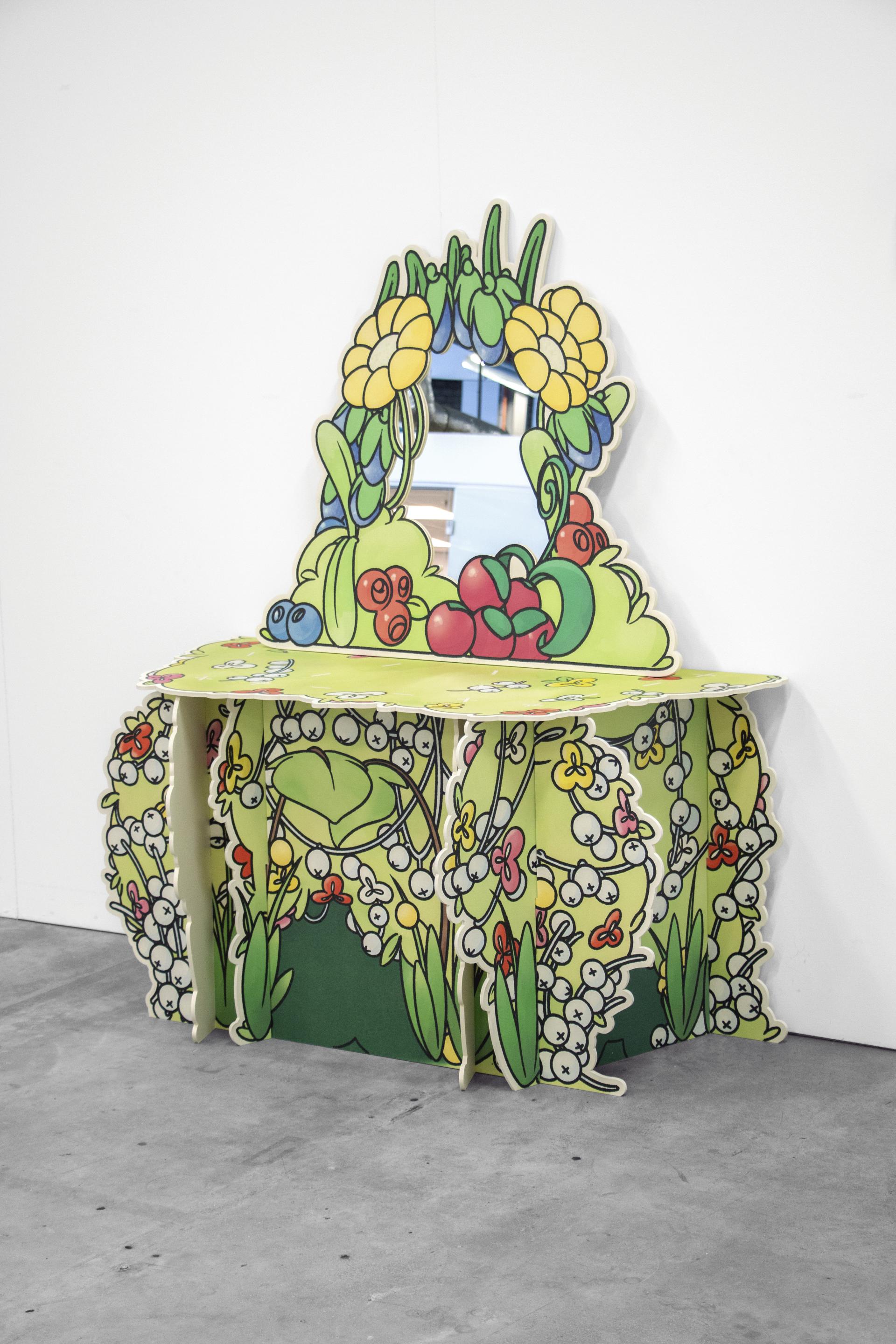 Colorful floral-themed table with mirror, showcased at Salone del Mobile by Design Academy Eindhoven alumni.