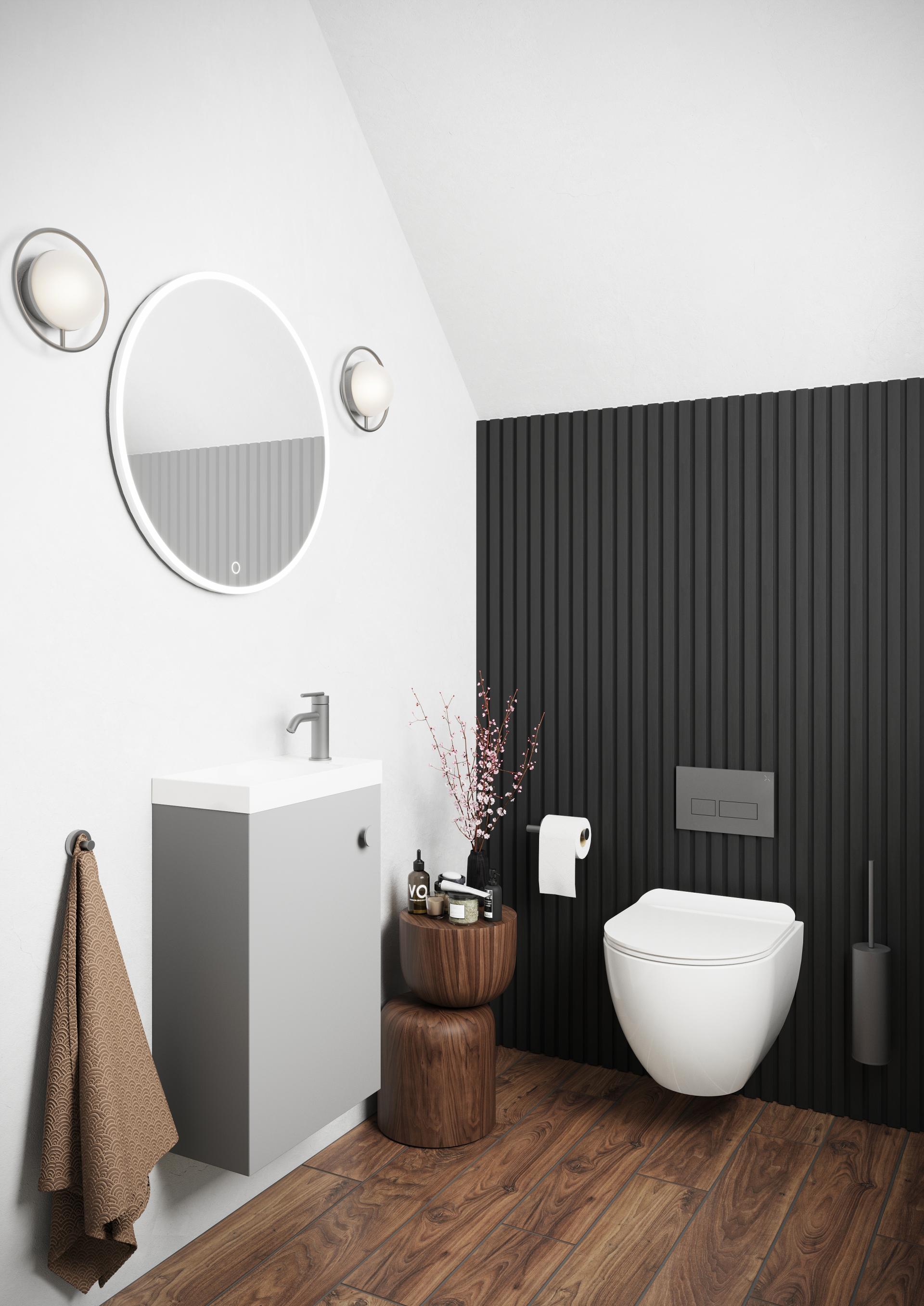 Stylish modern bathroom featuring bold black paneling, a sleek vanity, and elegant decor elements like flowers and toiletries.