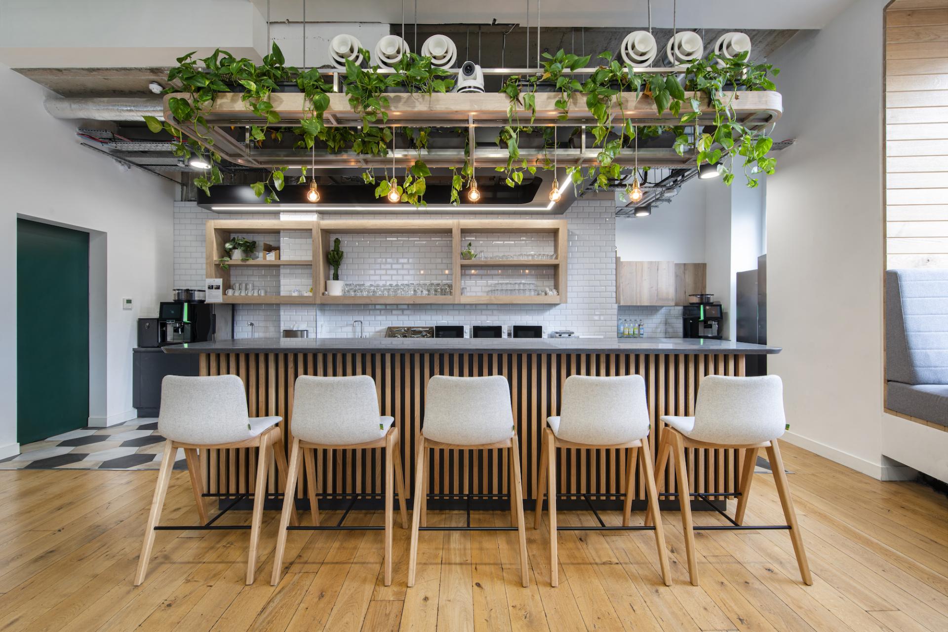 Modern workplace design featuring a stylish kitchen bar with wooden accents, plants, and comfortable seating.