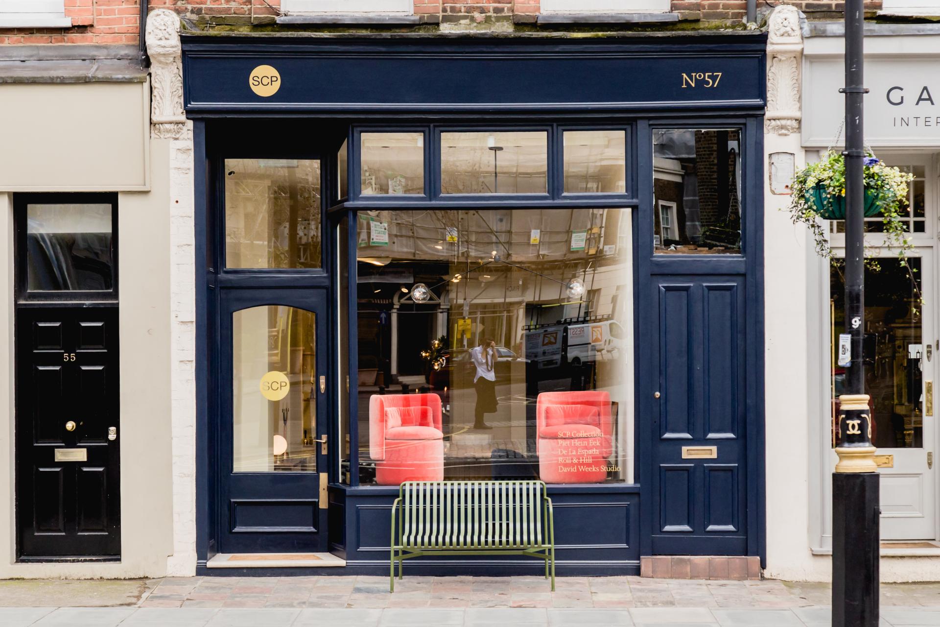 SCP showroom at 57 Pimlico Road featuring stylish furniture, decorative lighting, and a modern storefront in Belgravia.
