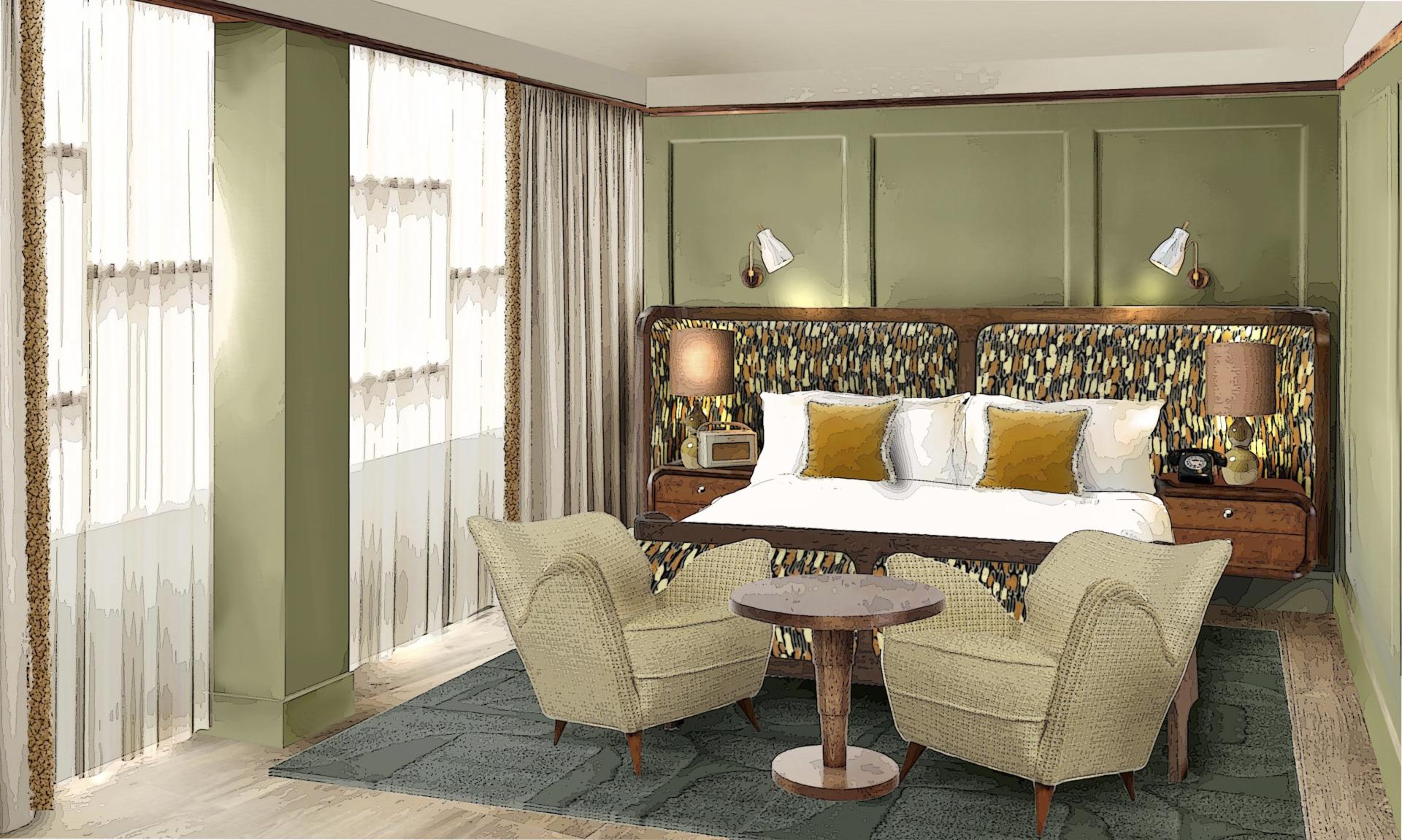 Stylish hotel room interior at Soho House Manchester featuring green walls, a plush bed, and cozy seating.