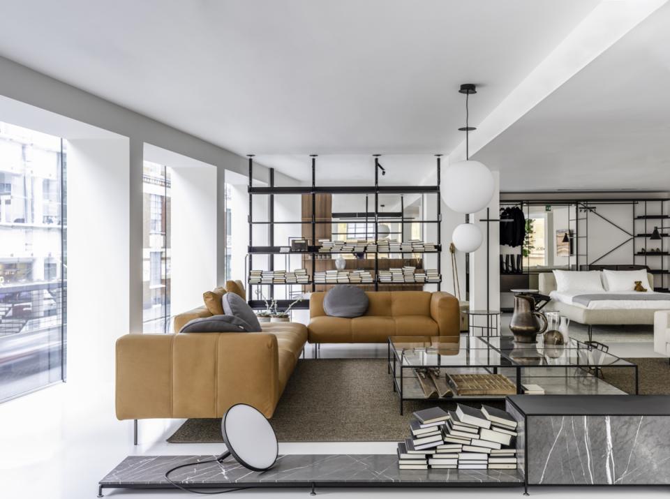 Contemporary living space in De Padova's UK flagship store featuring stylish furniture and elegant decor in Brompton Cross.