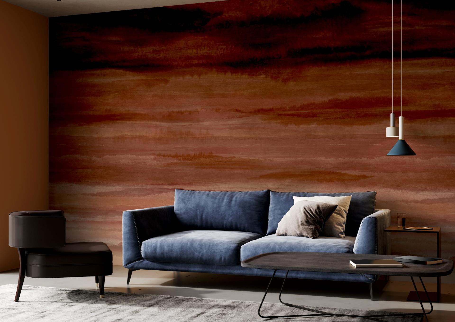 Dreamscape ombre wallcovering creates a serene backdrop in a modern living room with stylish furniture and warm colors.