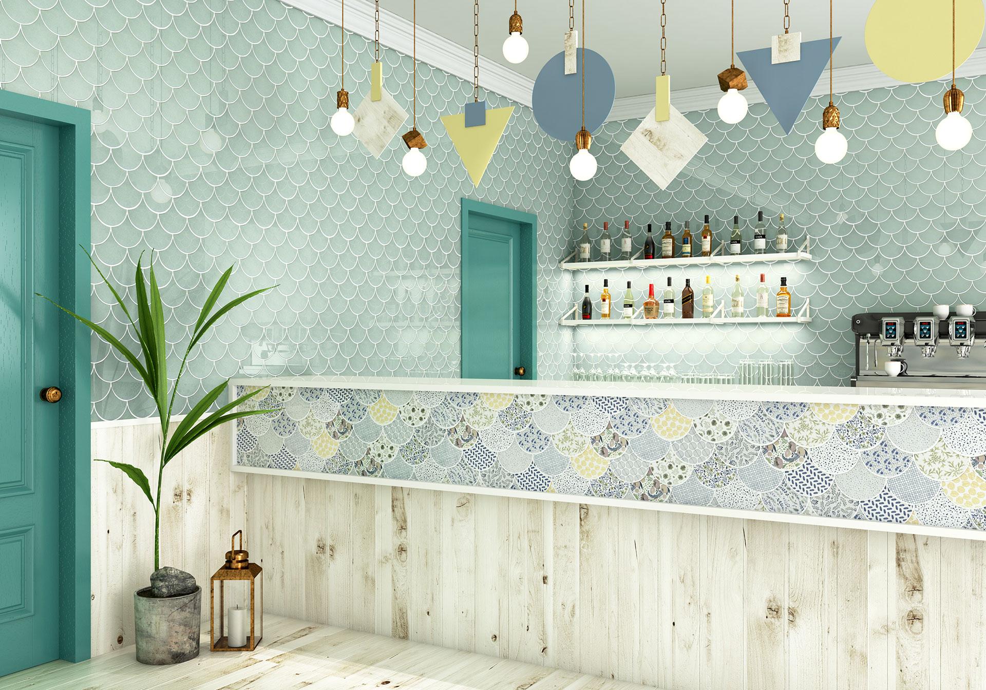Modern bar interior featuring decorative tile wall, stylish lighting, and greenery, showcasing trends in surface design.