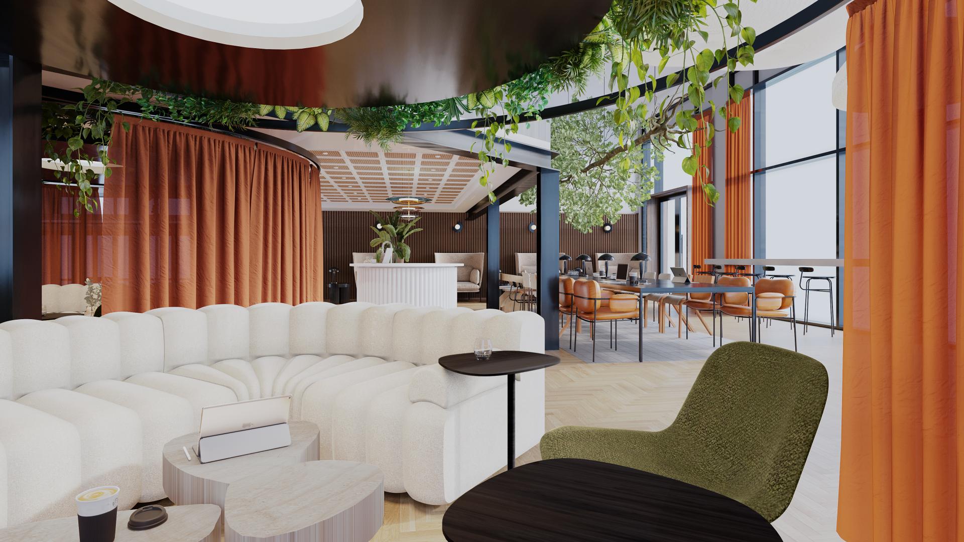 Modern interior design showcase featuring a cozy seating area with lush greenery and vibrant curtains, highlighting innovative apprenticeship pathways.