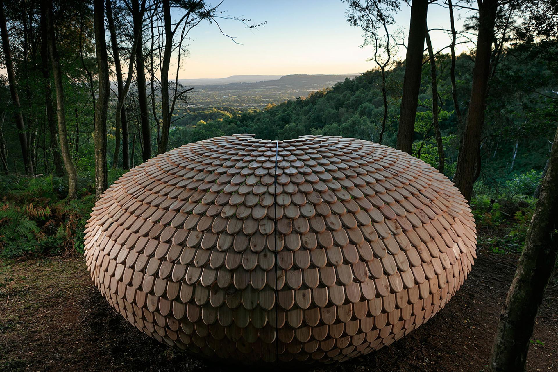 A unique, rounded wooden structure resembling scales, nestled among trees with a scenic valley backdrop.