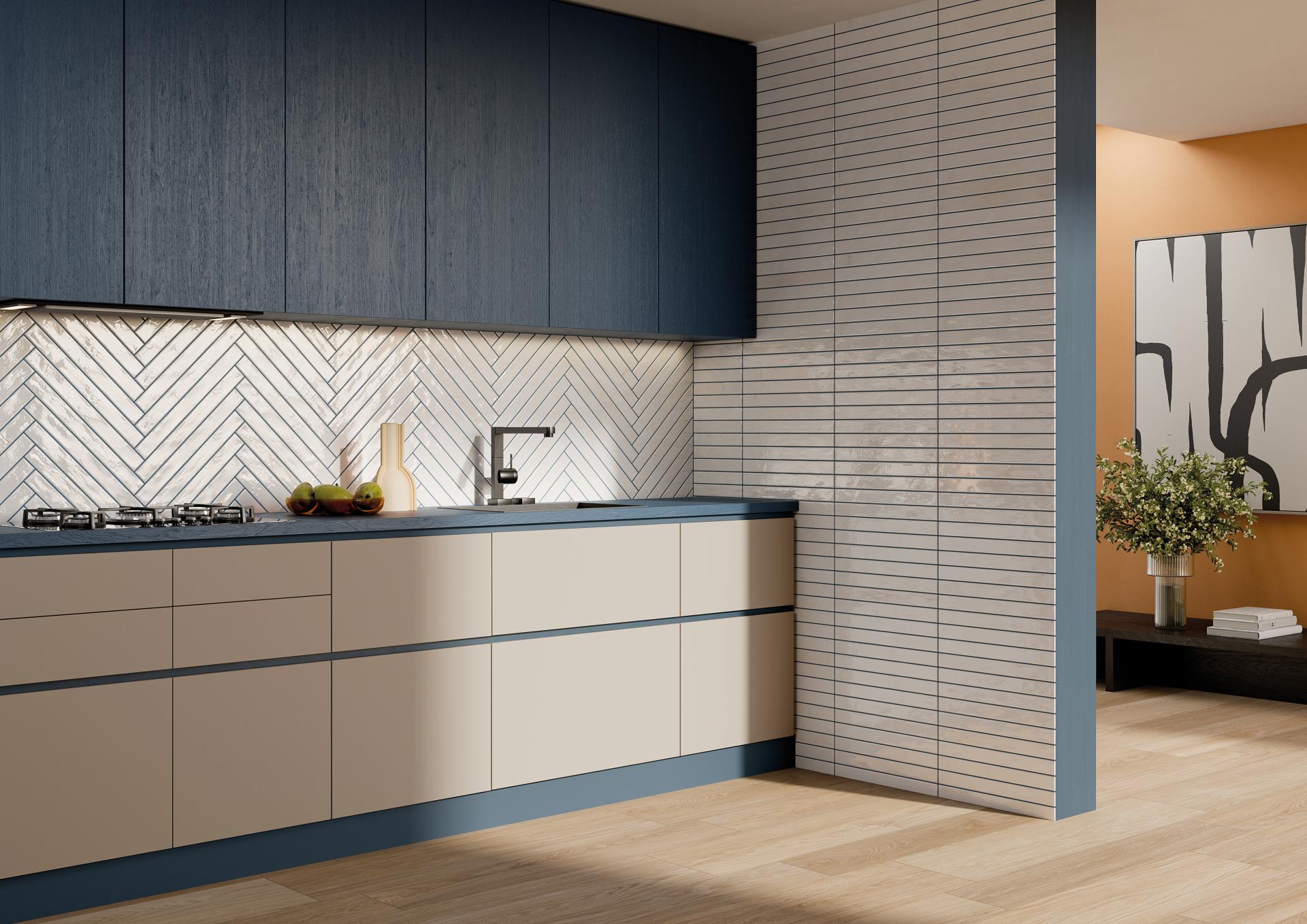 Sleek modern kitchen featuring Grestec's Mastreta elongated tiles and contemporary cabinetry in blue and beige tones.