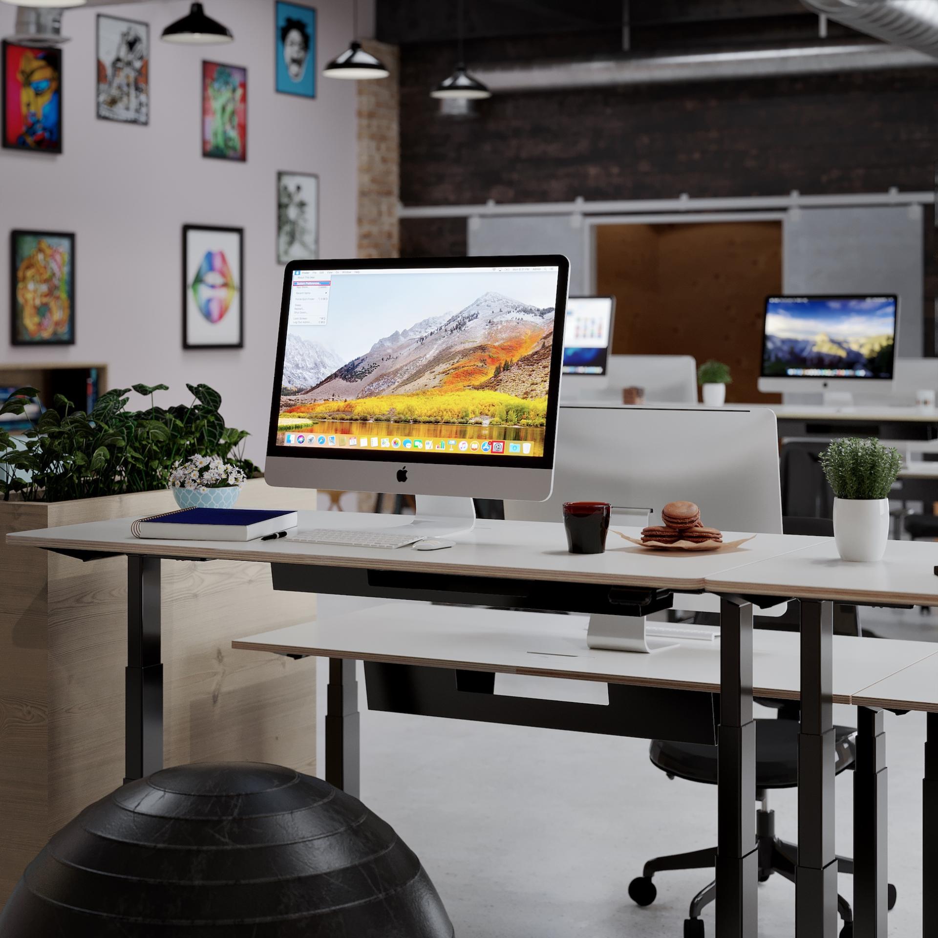 Modern office workspace featuring a Hi-Lo desk, ergonomic chair, and plants, promoting workplace wellbeing and productivity.