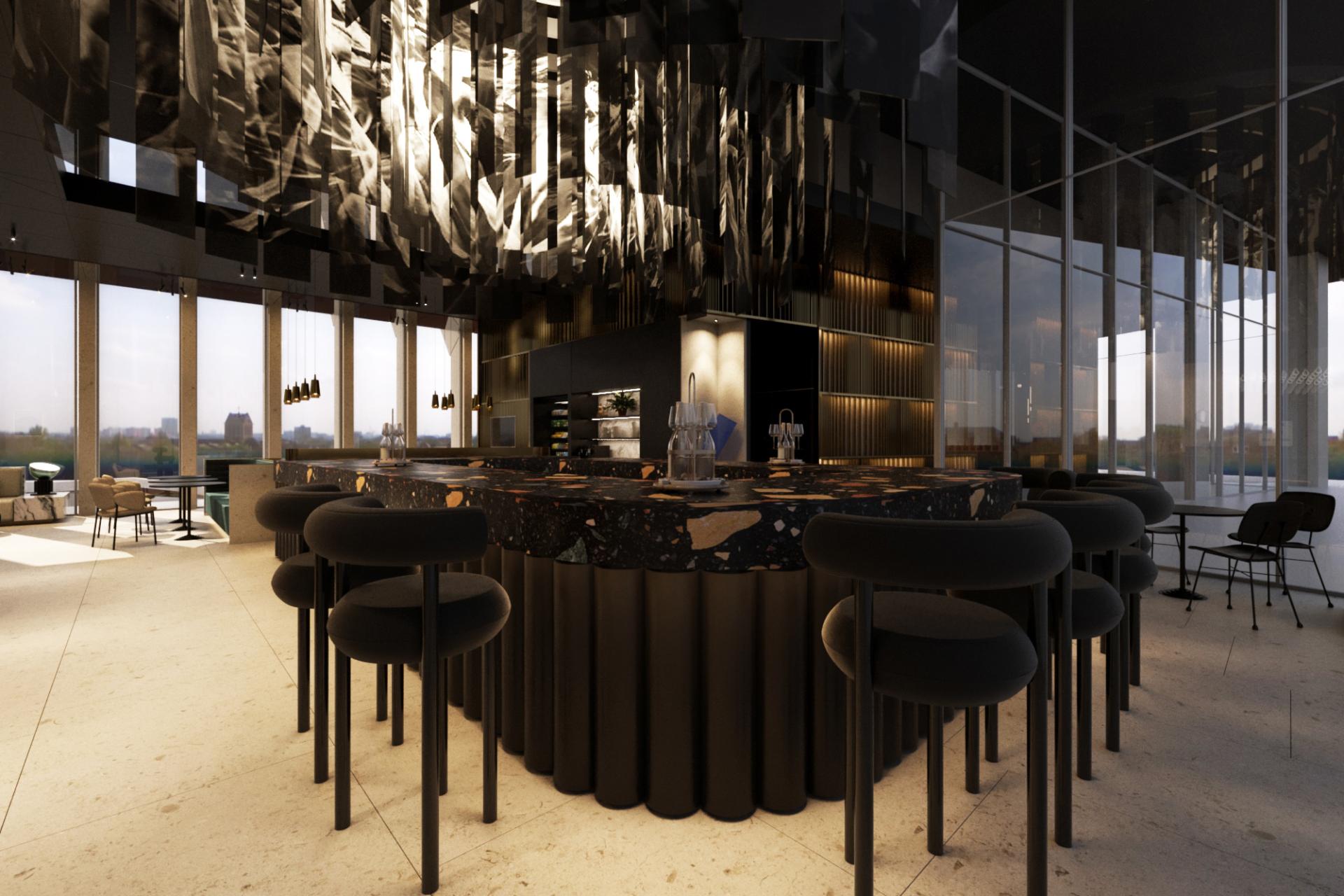 Stylish interior of the Tribe hotel bar, featuring a modern design with an intricate chandelier and contemporary furnishings.