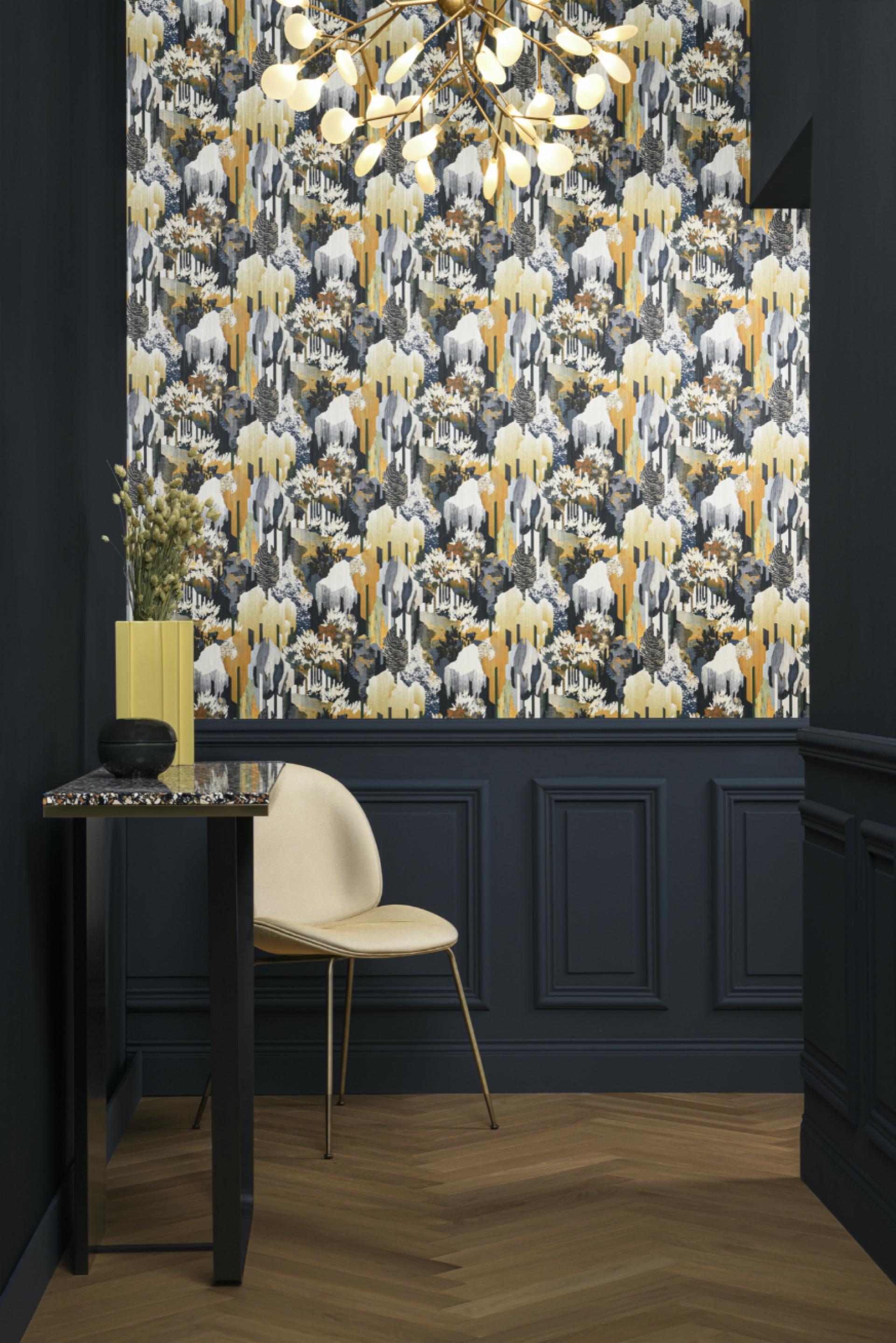Elegant interior featuring Lelièvre Paris wallpaper, modern chair, and stylish decor, showcasing THE WALL CHAPTER 3 collection.