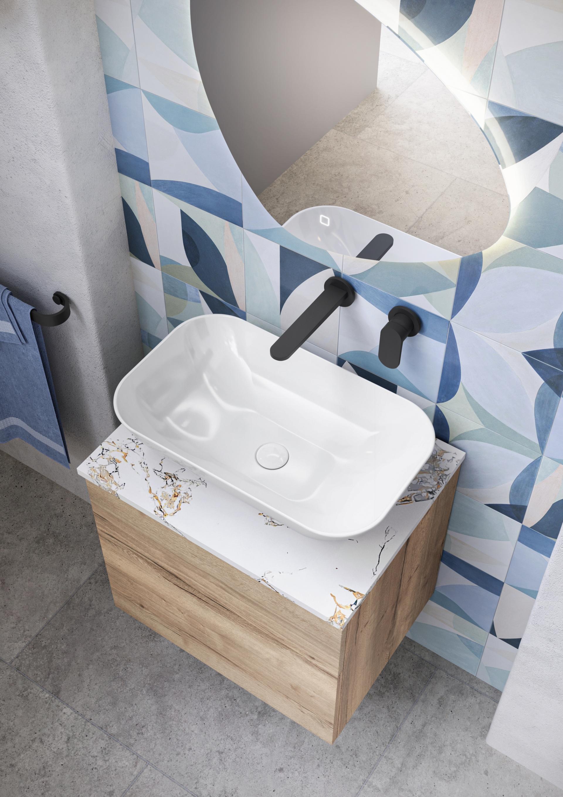 Stylish washroom featuring a white sink, wooden vanity, and colorful patterned tiles, perfect for modern bathroom designs.