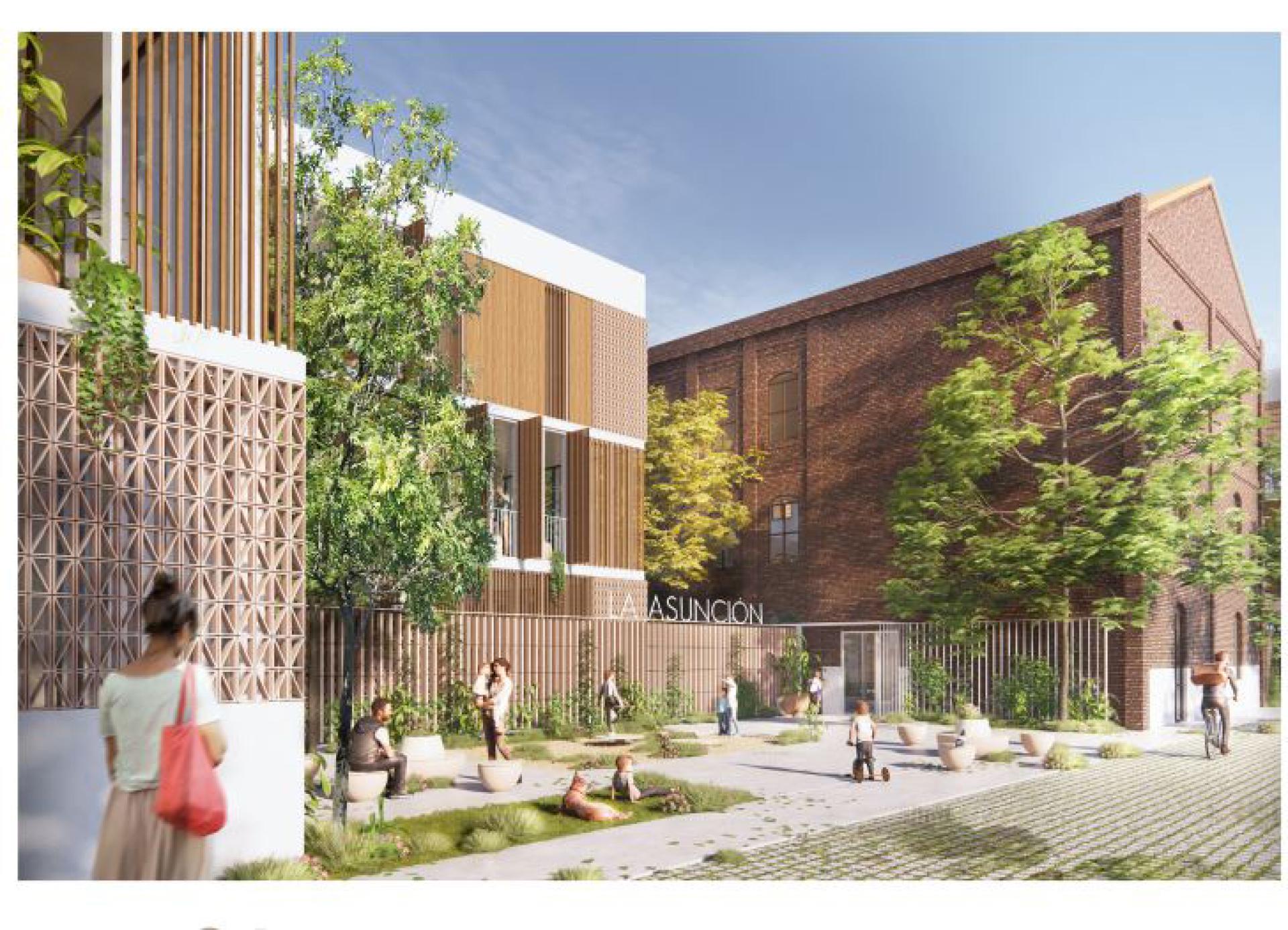 Modern architectural design featuring creative use of ceramics, greenery, and community spaces in a vibrant outdoor environment.