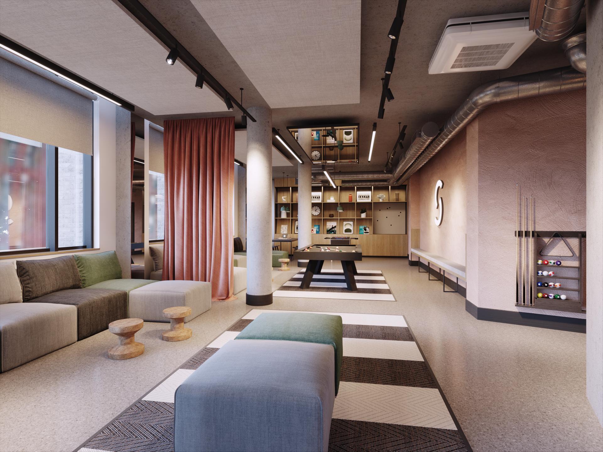 Modern interior design featuring a cozy lounge area with seating, rugs, and stylish decor elements.