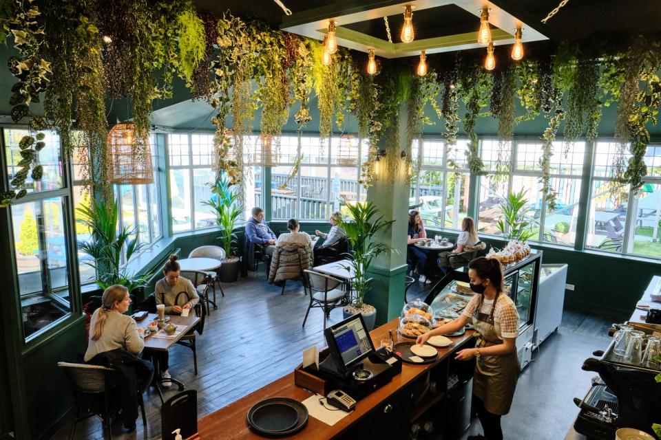 Cozy café interior featuring lush greenery, patrons enjoying food, and a barista preparing dishes in a biophilic design setting.