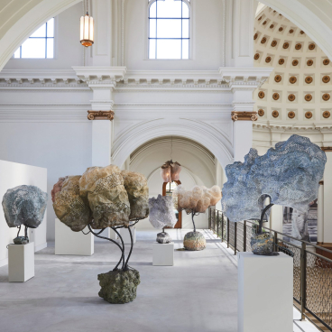 Contemporary sculptures displayed in the airy interior of Carpenters Workshop Gallery’s converted church in San Francisco.