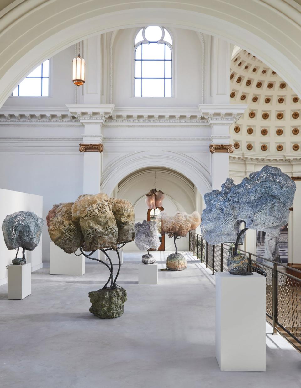 Contemporary sculptures displayed in the airy interior of Carpenters Workshop Gallery’s converted church in San Francisco.