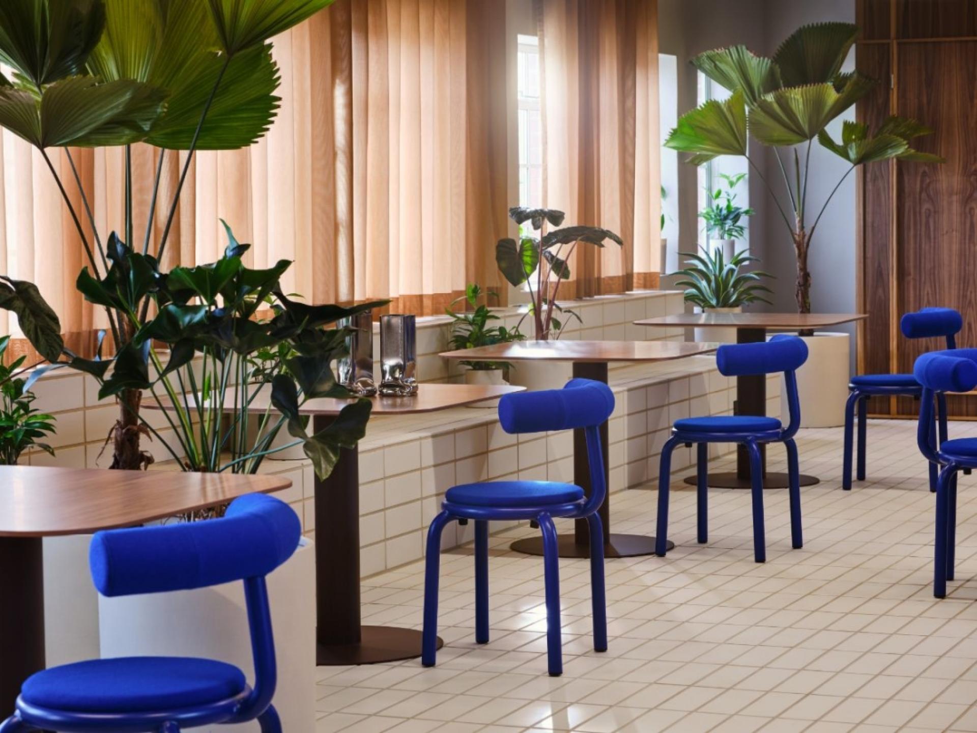 Modern workplace design featuring blue chairs and greenery, emphasizing future-thinking concepts in office environments.