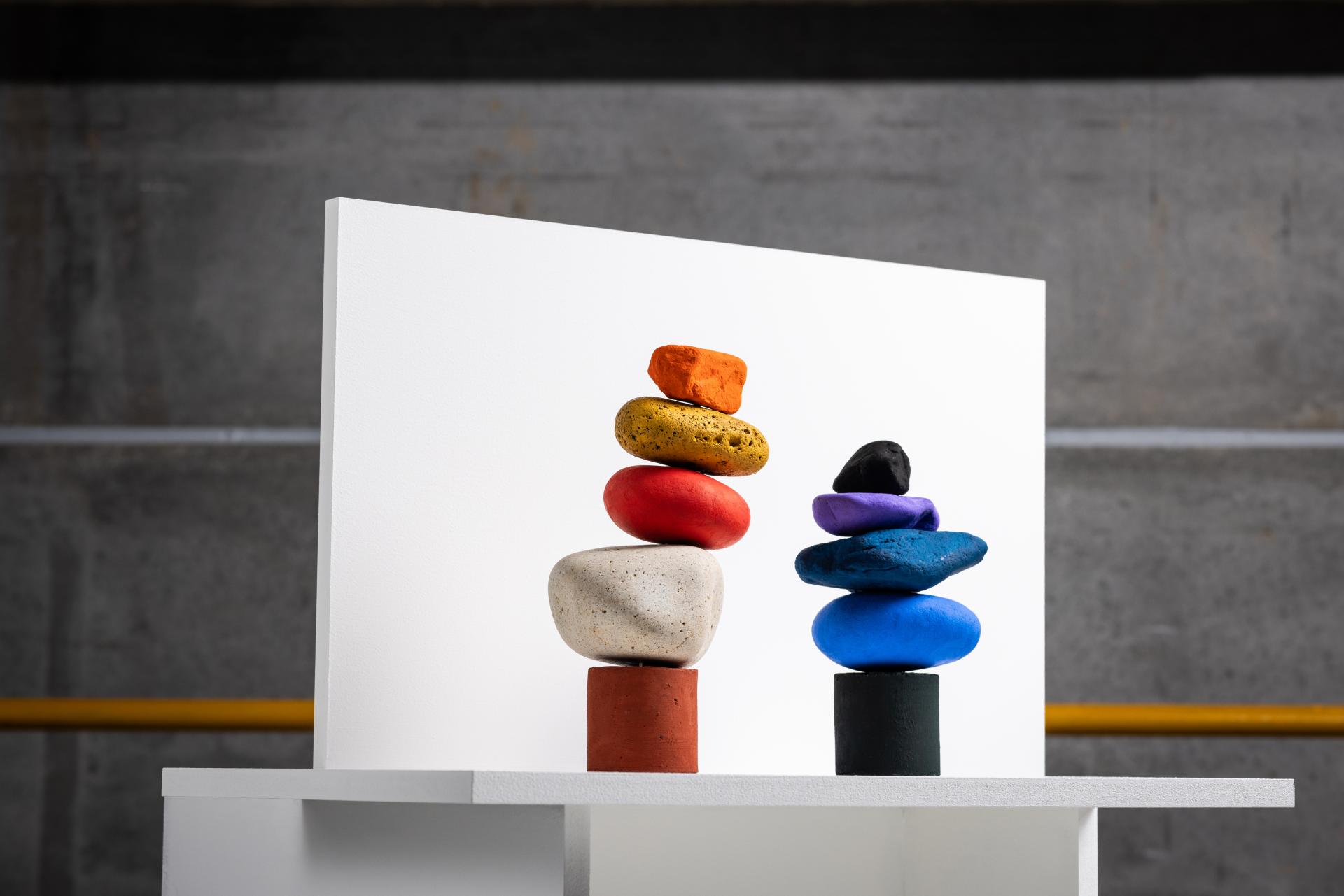 Colorful stacked stones on display highlight innovative design at the Dundee Design Festival 2024.
