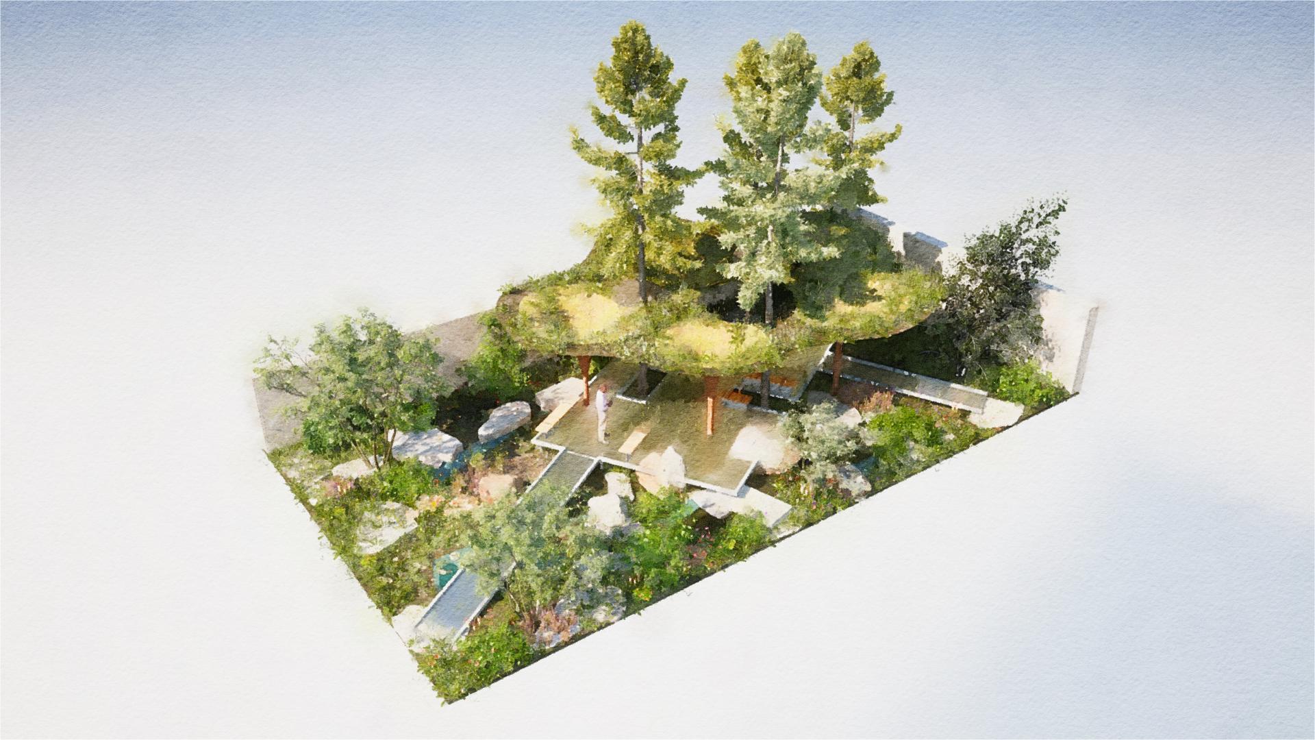 Aerial view of the WaterAid Garden featuring resilient planting and innovative rainwater collection systems, designed by Tom Massey.