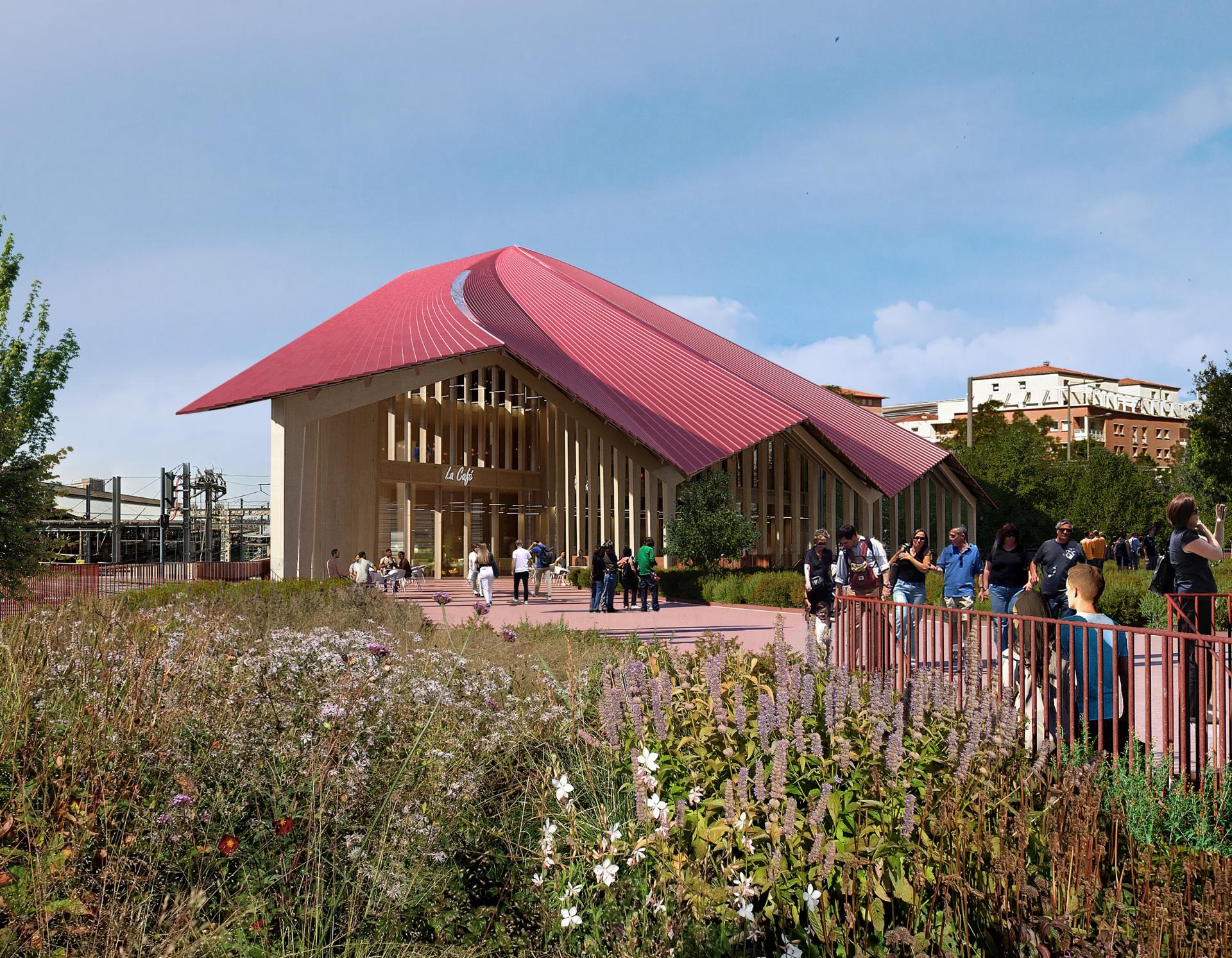 Marengo Multimodal Transport Hub design featuring a bio-based timber structure, surrounded by greenery and people.