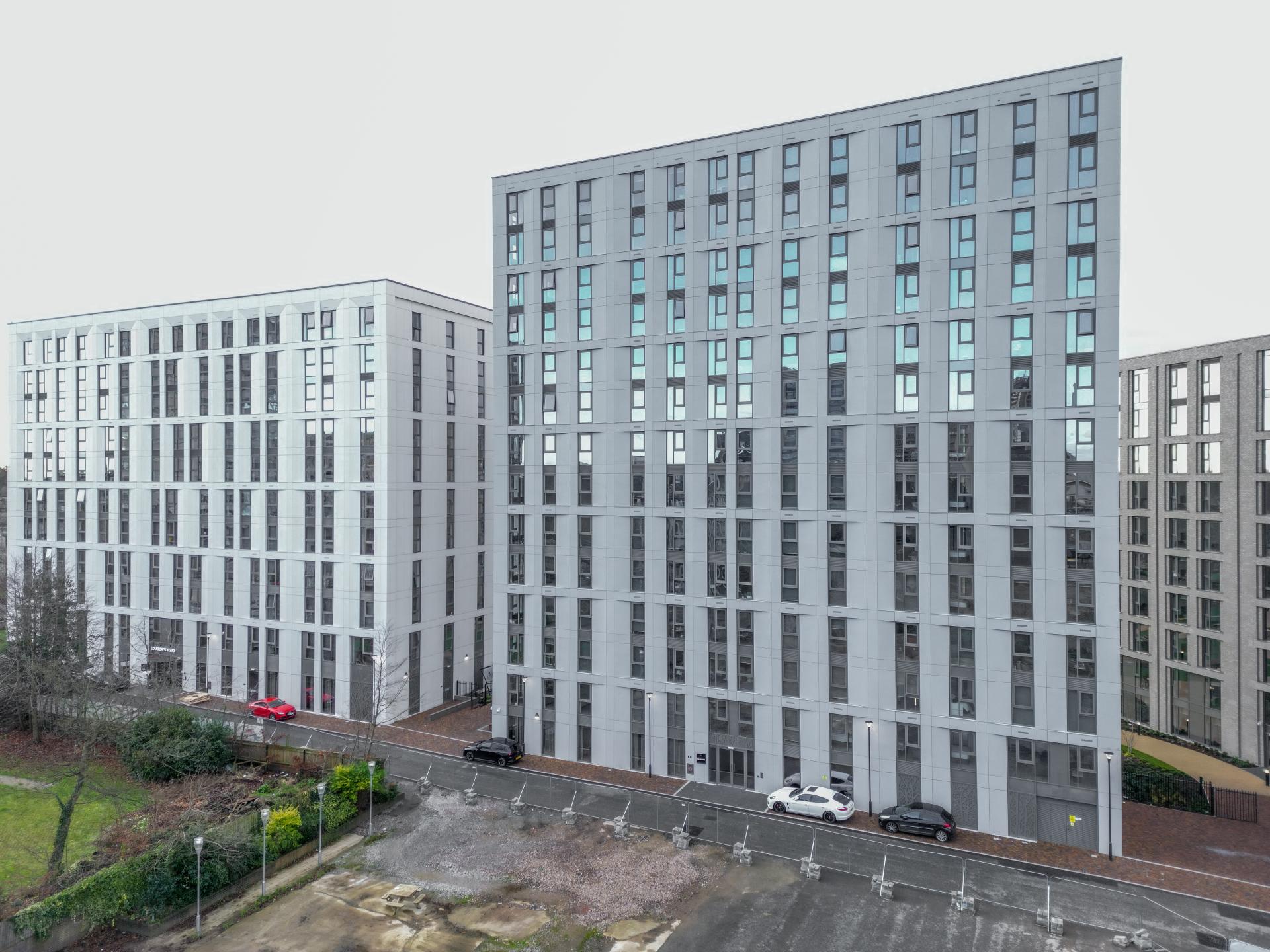 A faceted SureClad® SureStone® façade from Shackerley at New Garden Square.