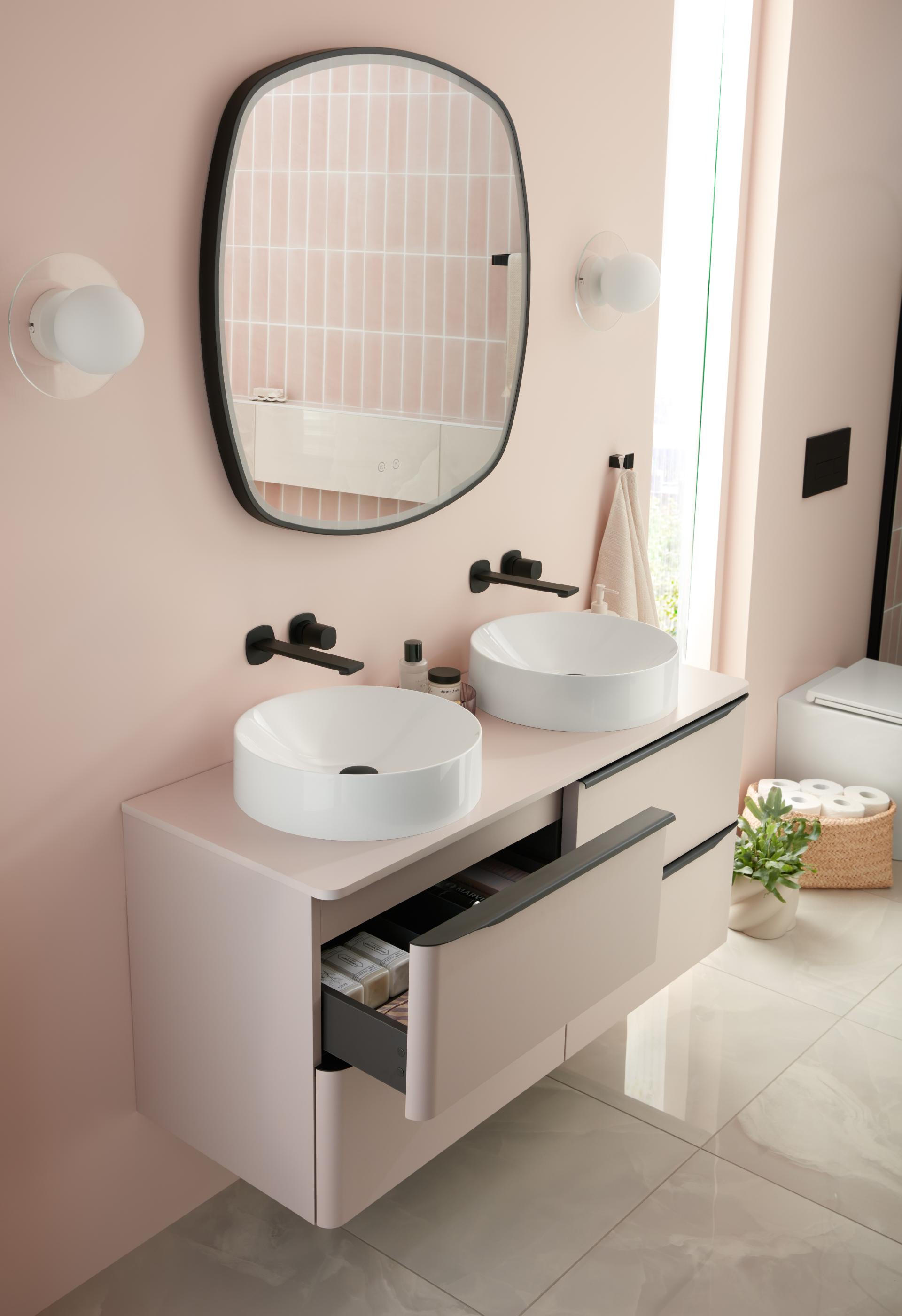 Modern bathroom with VADO's Cameo collection showcasing dual washbasins, sleek cabinetry, and minimalist design elements.