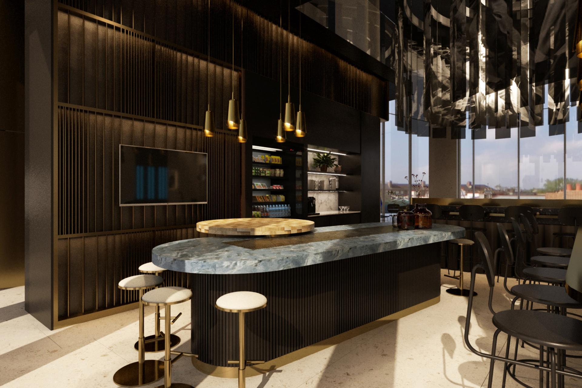 Stylish hotel bar interior showcasing a sleek blue countertop, modern lighting, and elegant seating in Tribe hotel Malta.