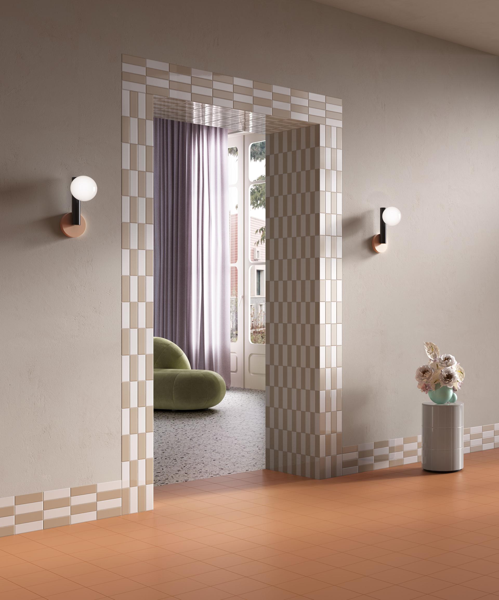 Stylish interior featuring playful color palettes, tile combinations, and a cozy green chair, enhancing the Färgblock collection.