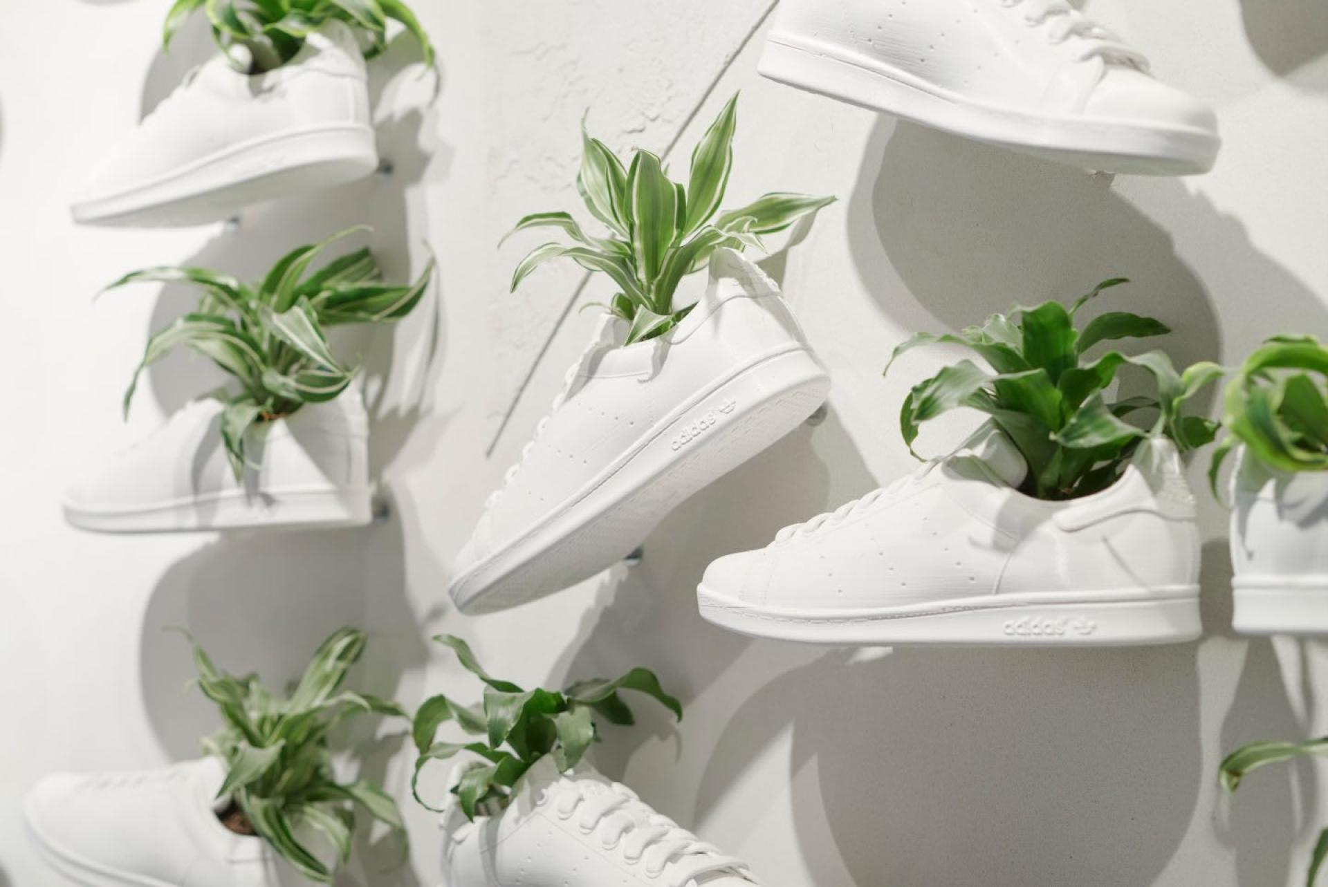 White Adidas sneakers mounted on a wall, each with green plants, highlighting sustainability in retail design.