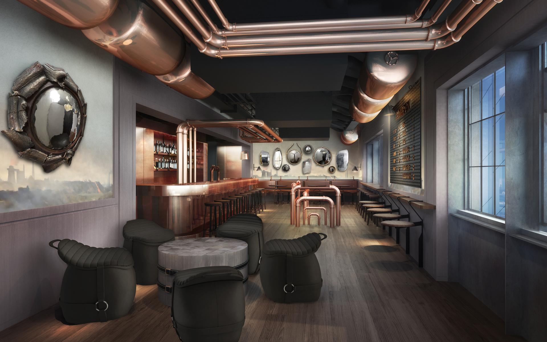 Modern interior design featuring a sleek bar with copper accents, unique seating, and artistic wall decor by Yabu Pushelberg.