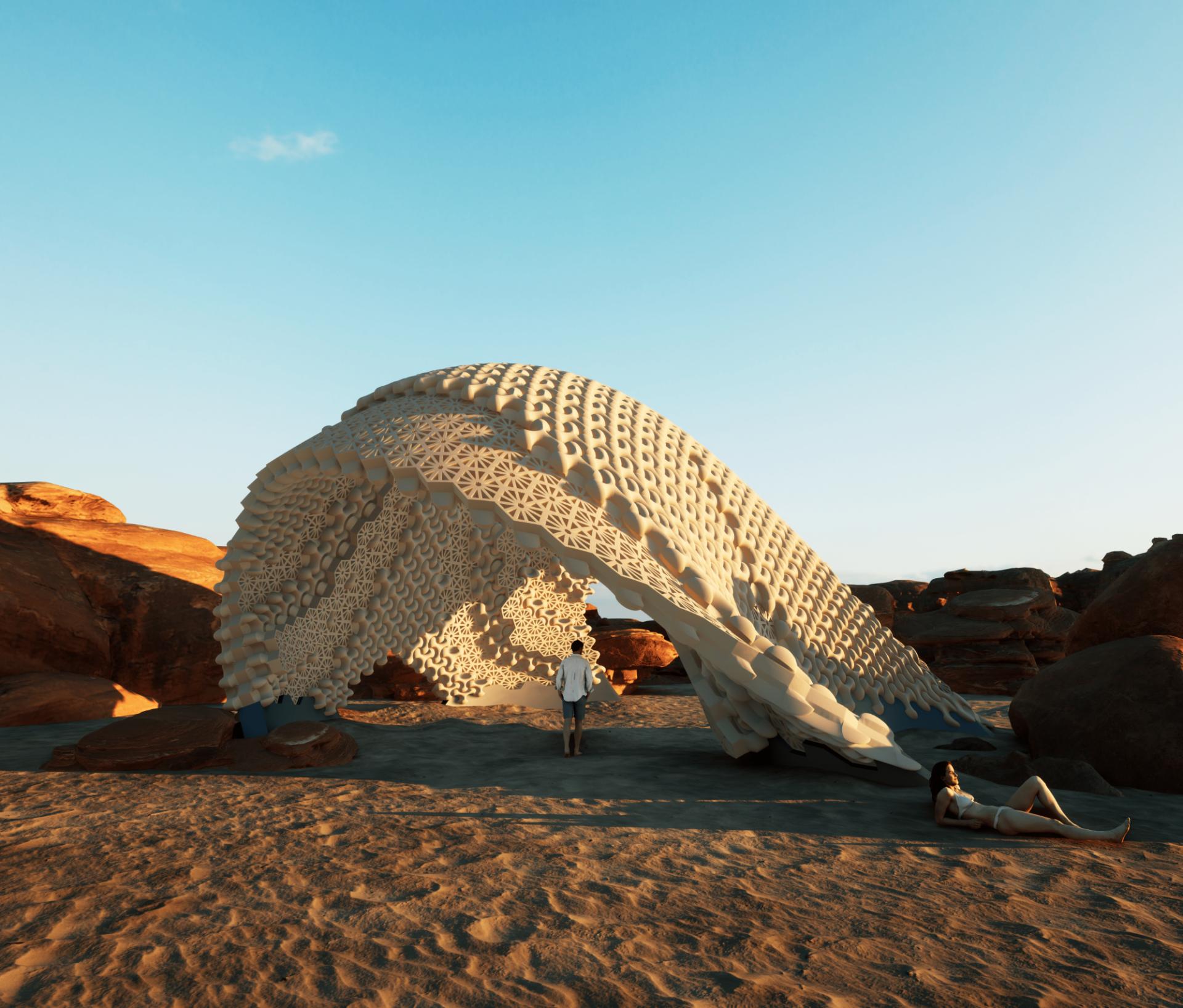 3D-printed architecture design in a desert landscape, showcasing innovation in construction and sustainable building practices.