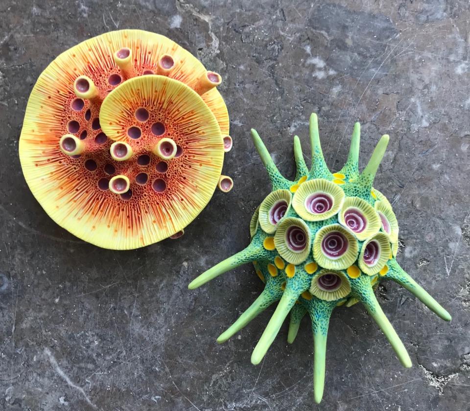 Colorful clay sculptures inspired by marine life, showcasing vibrant textures and forms resembling sea creatures by Aardman Animations sculptor Lisa Stevens.