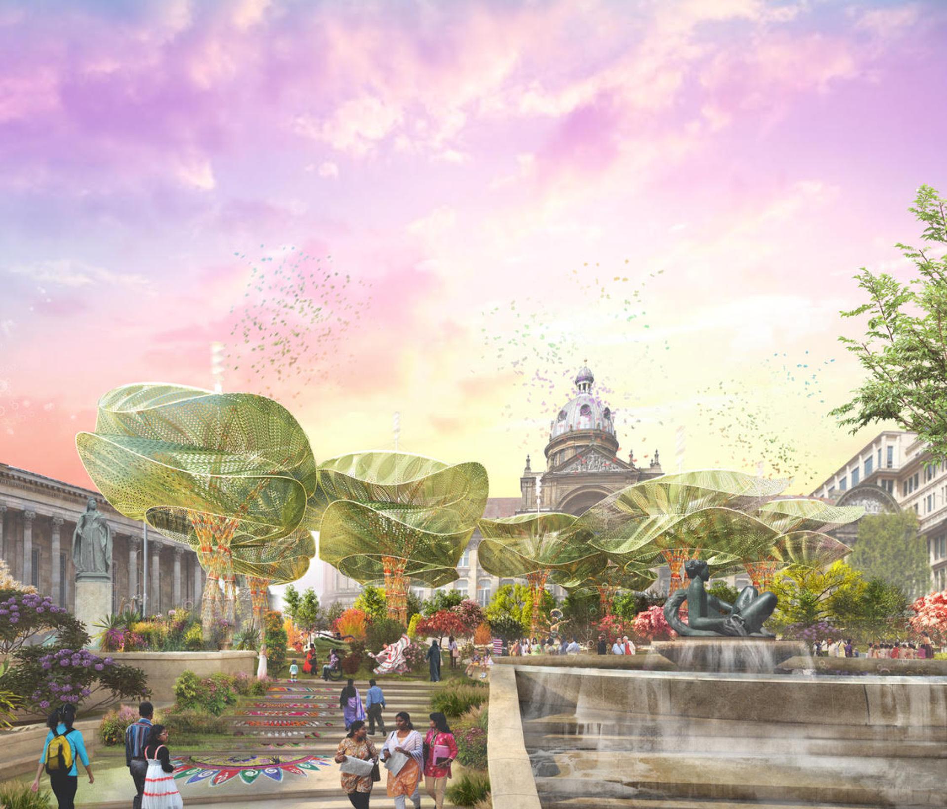 Vibrant urban landscape featuring innovative green structures, diverse people, and lush gardens under a colorful sky.