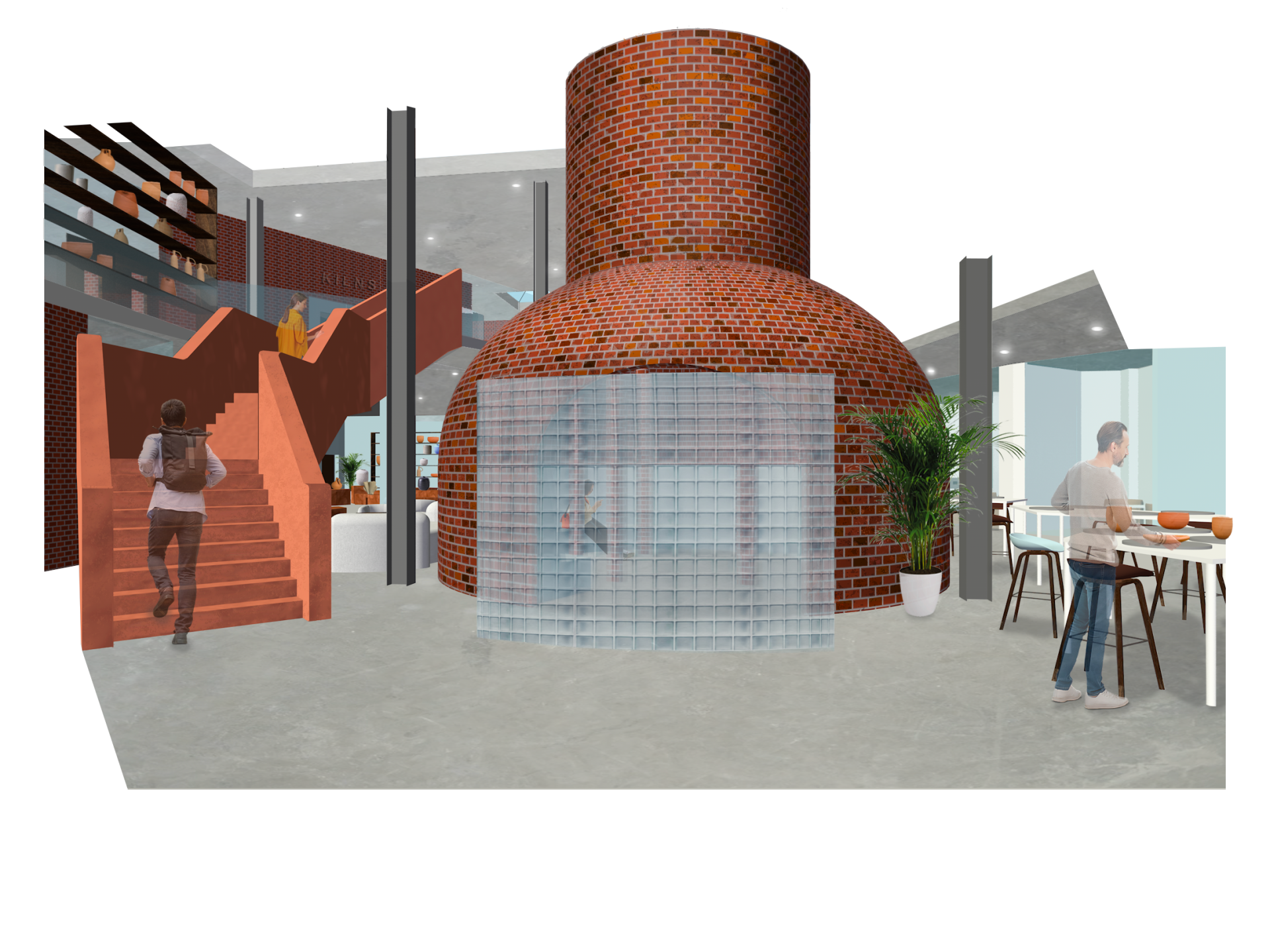 Contemporary interior design featuring a brick structure, transparent partitions, and students engaging in a creative space.