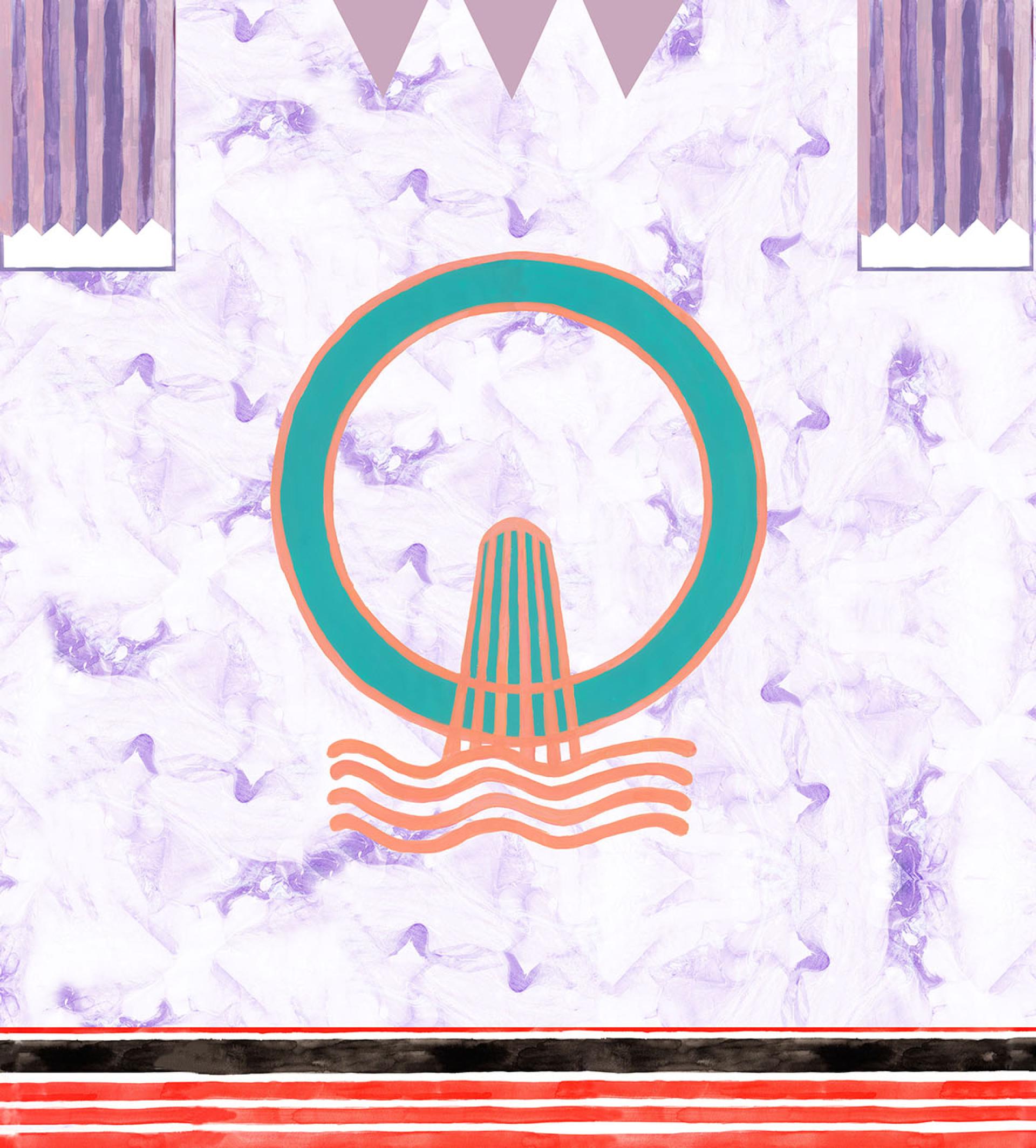 Abstract illustration featuring circular shapes and wavy lines, capturing the essence of northern seaside towns and artistic revival.