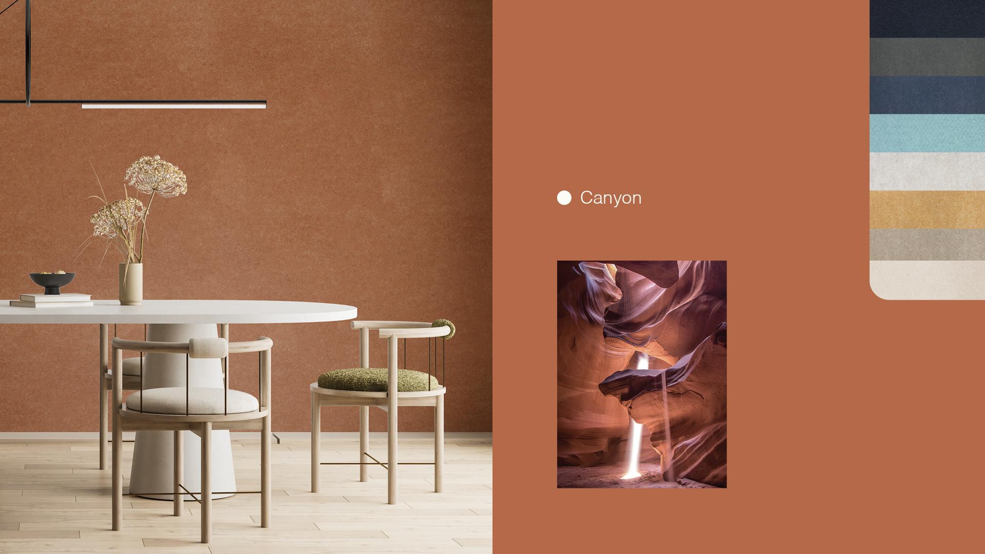 Stylish dining space featuring Canyon color palette inspired by natural landscapes, with delicate flowers and modern furnishings.