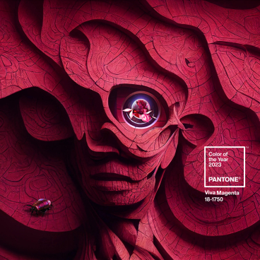 Artistic representation of Pantone's 2023 Color of the Year, Viva Magenta, featuring intricate textures and bold hues.