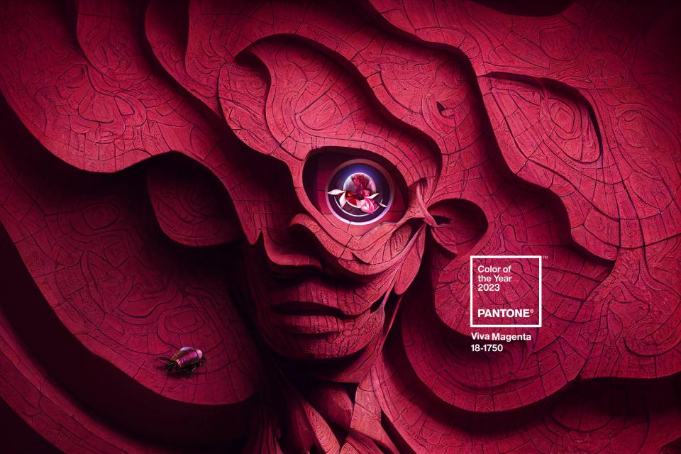 Artistic representation of Pantone's 2023 Color of the Year, Viva Magenta, featuring intricate textures and bold hues.