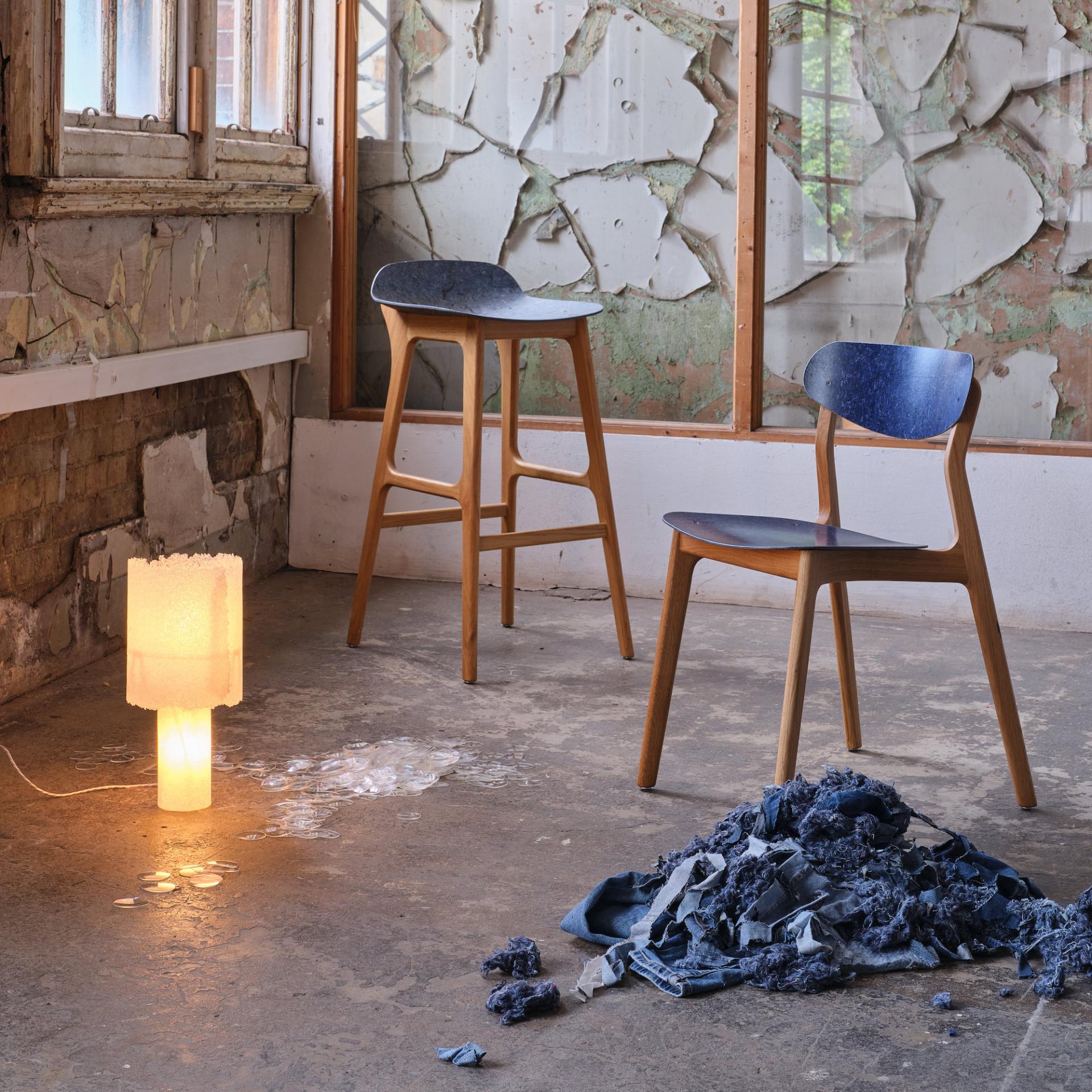 Contemporary furniture and artistic lighting installation featured in the Material Matters exhibition at London Design Festival 2023.