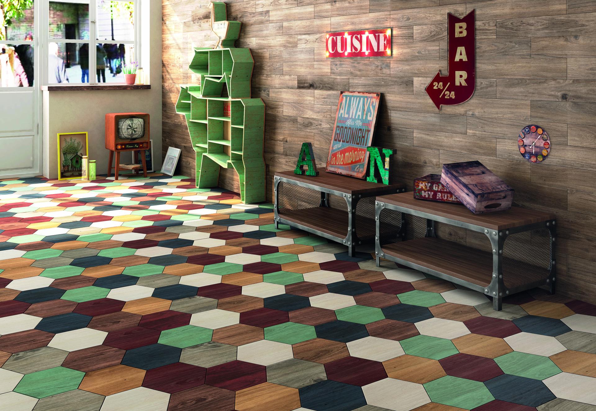 Colorful hexagonal tiles in a vibrant, maximalist interior featuring wooden accents and eclectic decor elements.
