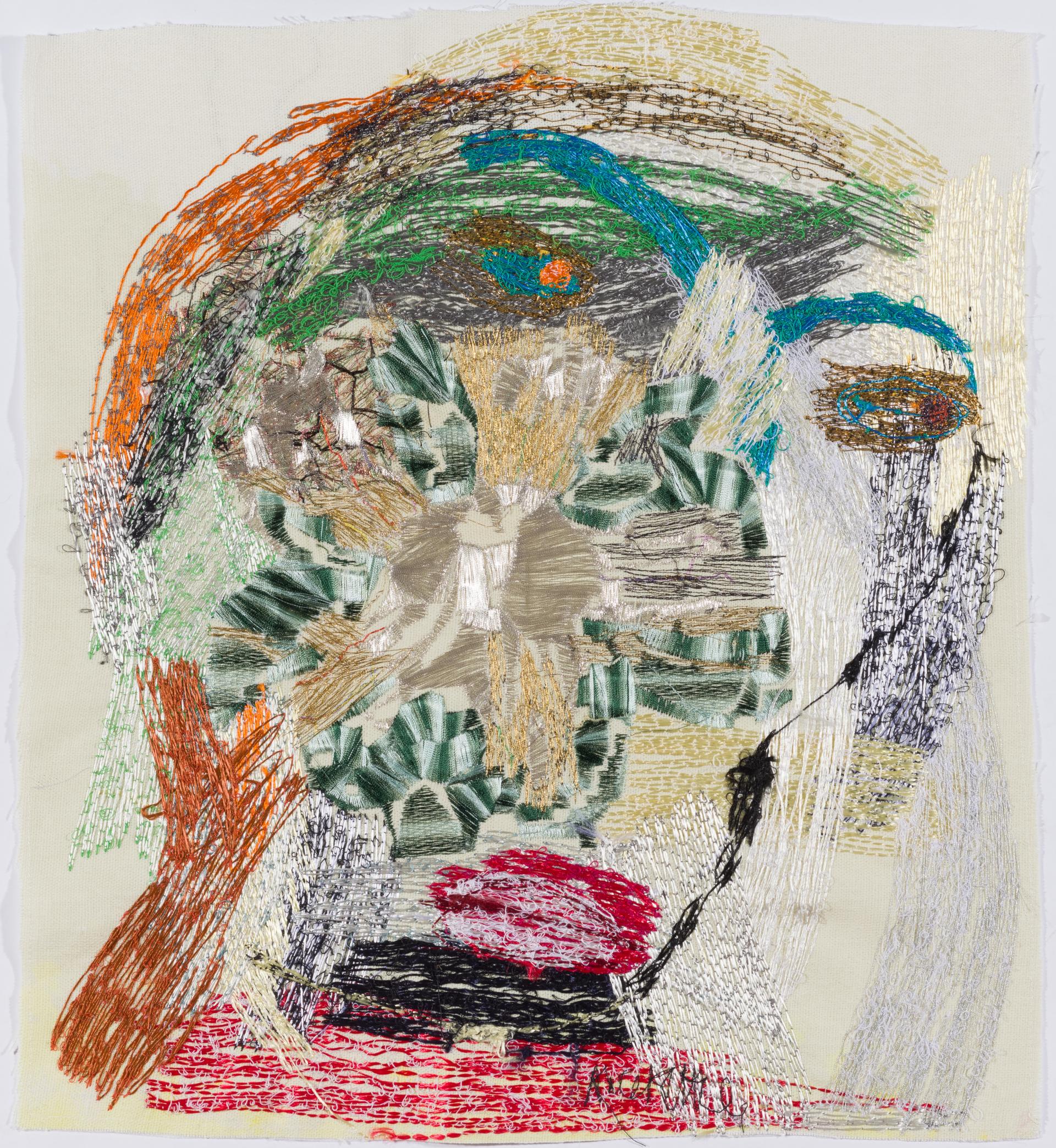 Vibrant textile artwork by Alice Kettle featuring intricate stitch patterns, showcasing innovation in Manchester's textile scene.