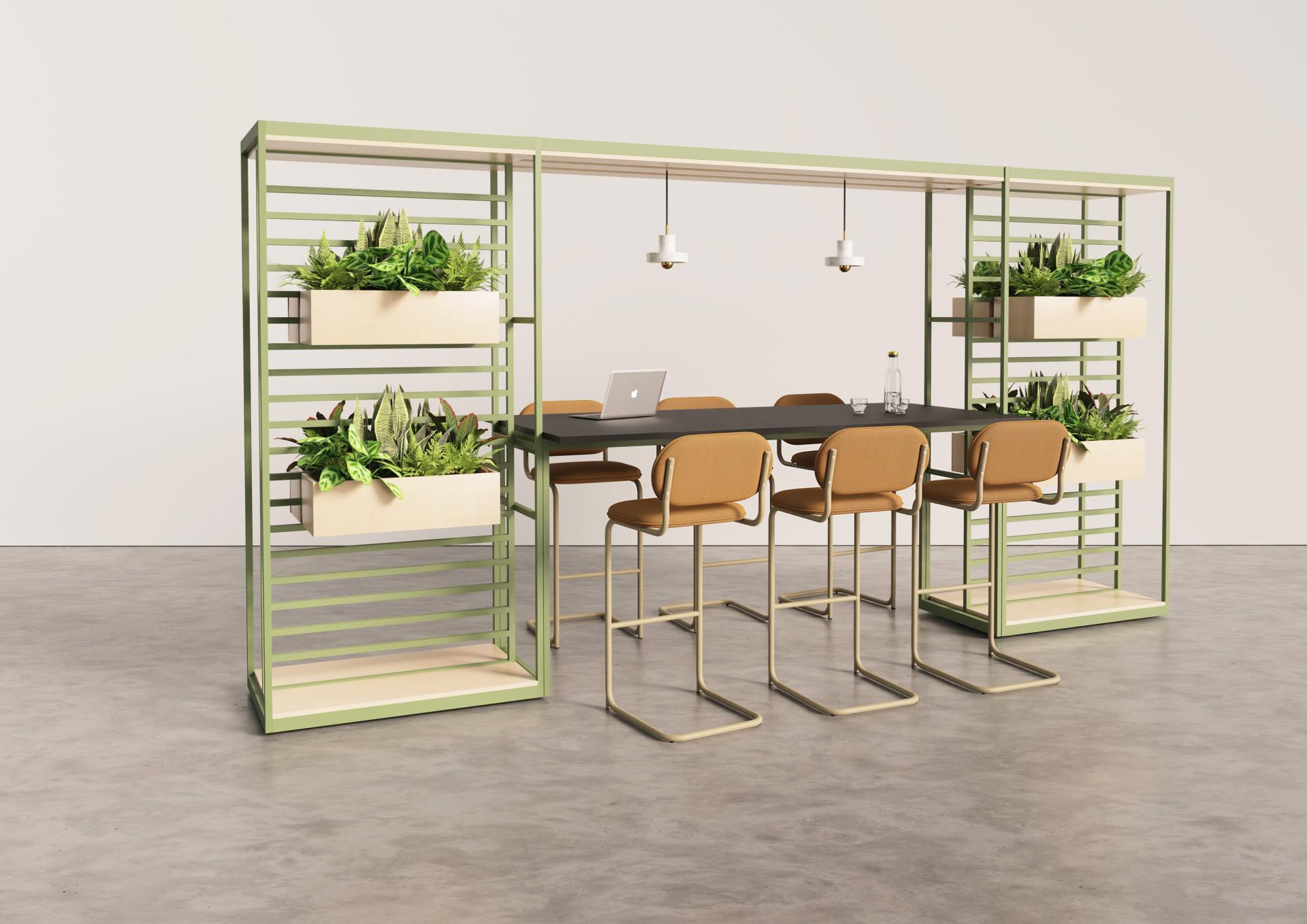 Piper collection dining area featuring stylish chairs, a modern table, and integrated planters for contemporary decor.